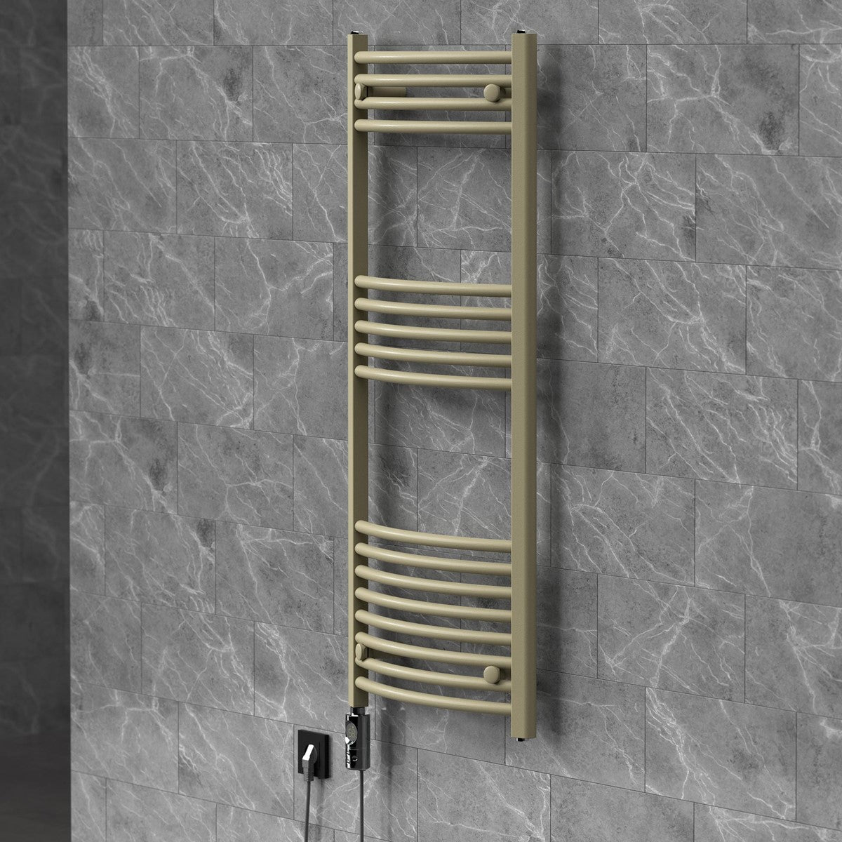 Scaldasalviette beige a parete, con collegamento elettrico, su sfondo grigio