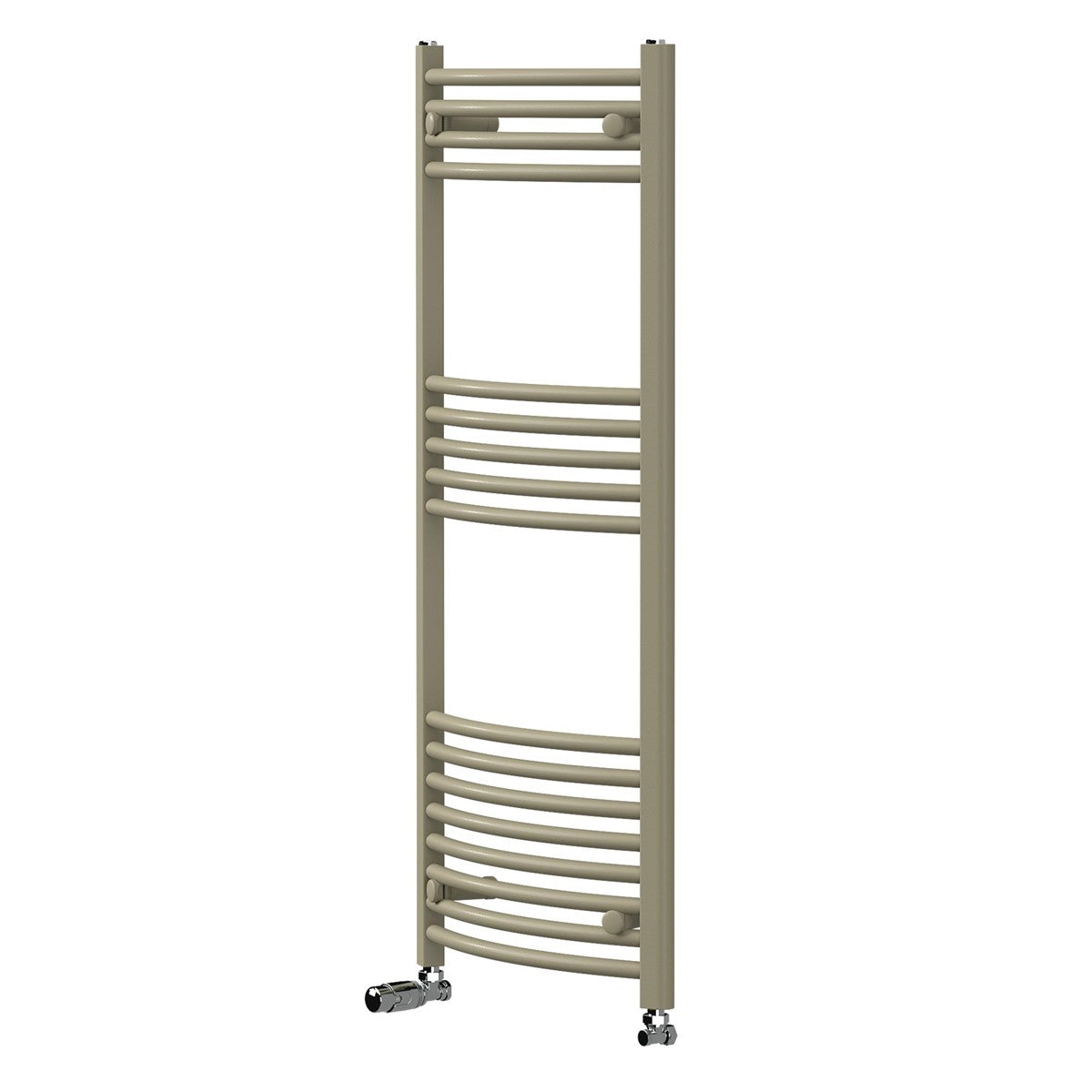 Heizkörper in beige auf grauem Steinmuster-Hintergrund.