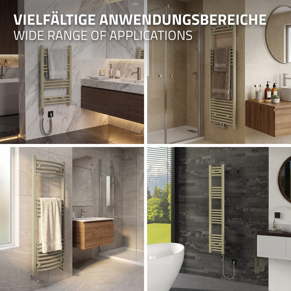 Vier Badezimmer zeigen jeweils einen schmalen Handtuchheizkörper an der Wand.