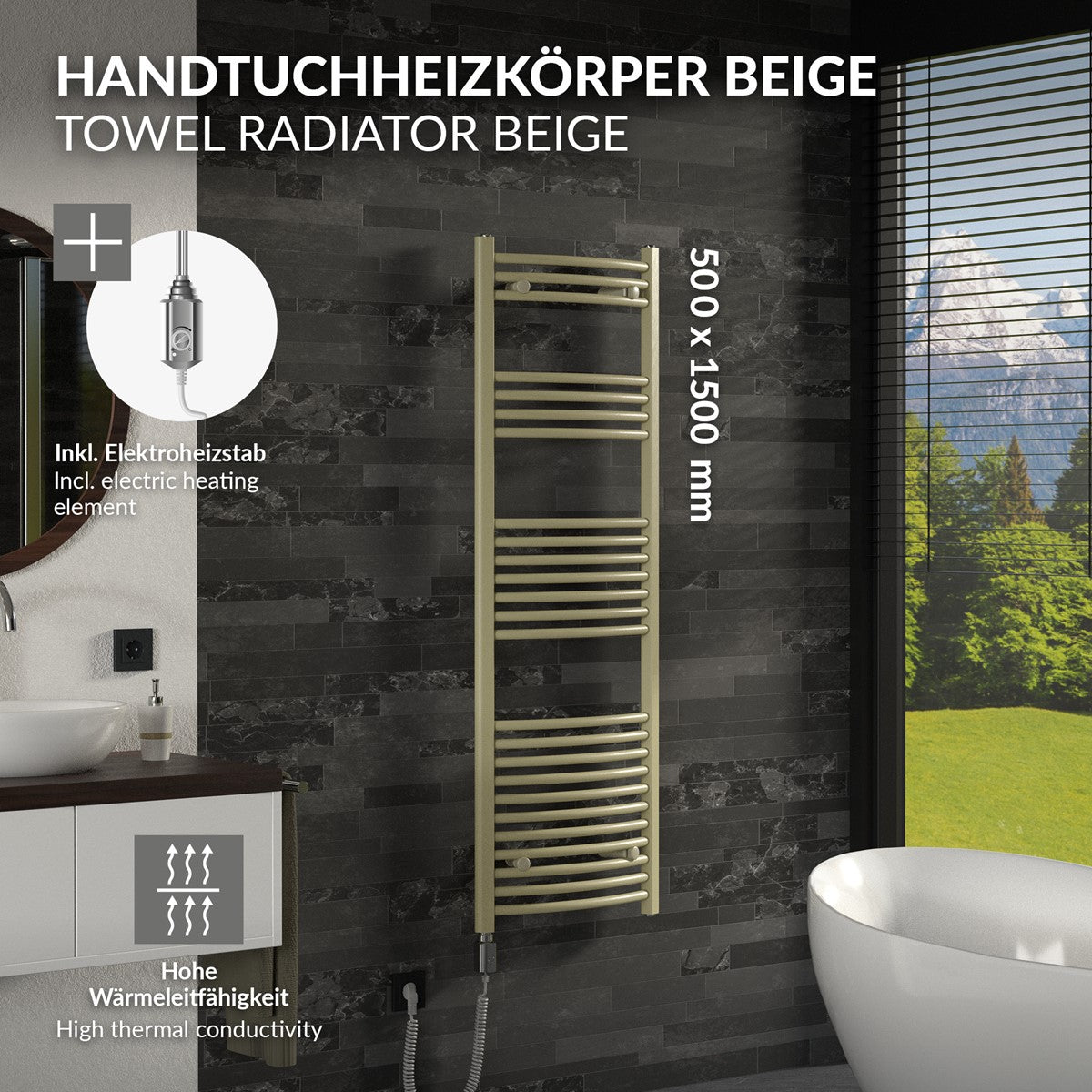 Handtuchwärmer beige mit Maßangaben und hoher Wärmeleitfähigkeit.
