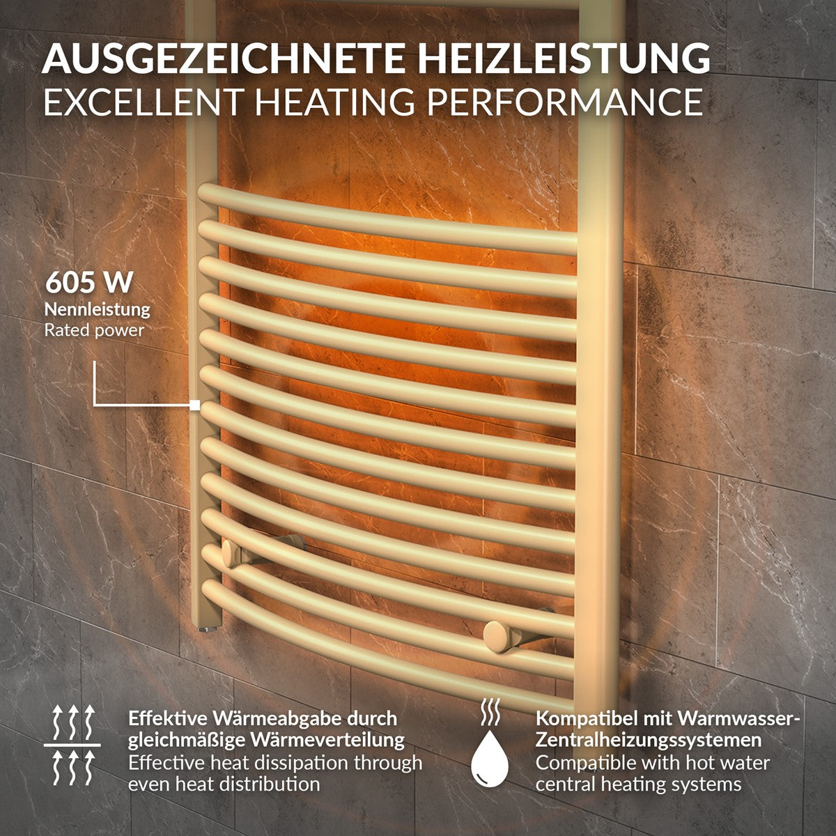 Heizkörper mit 605 W Nennleistung, beige, an einer Wand montiert.