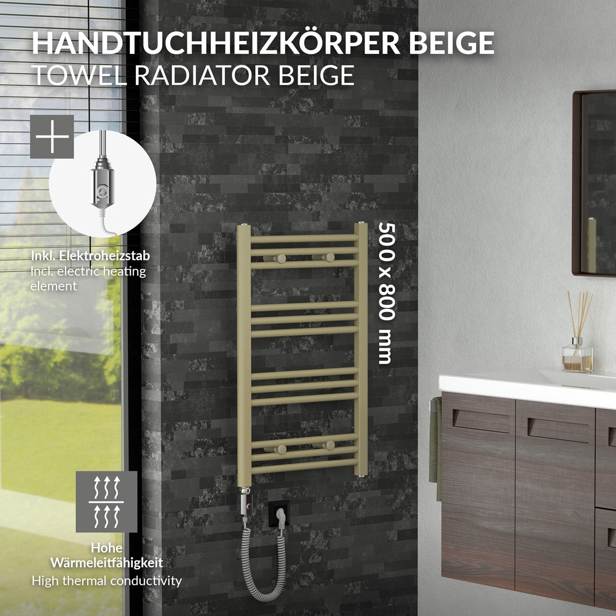 Beige Handtuchheizkörper mit elektrischen Heizstab in einem modernen Badezimmer.
