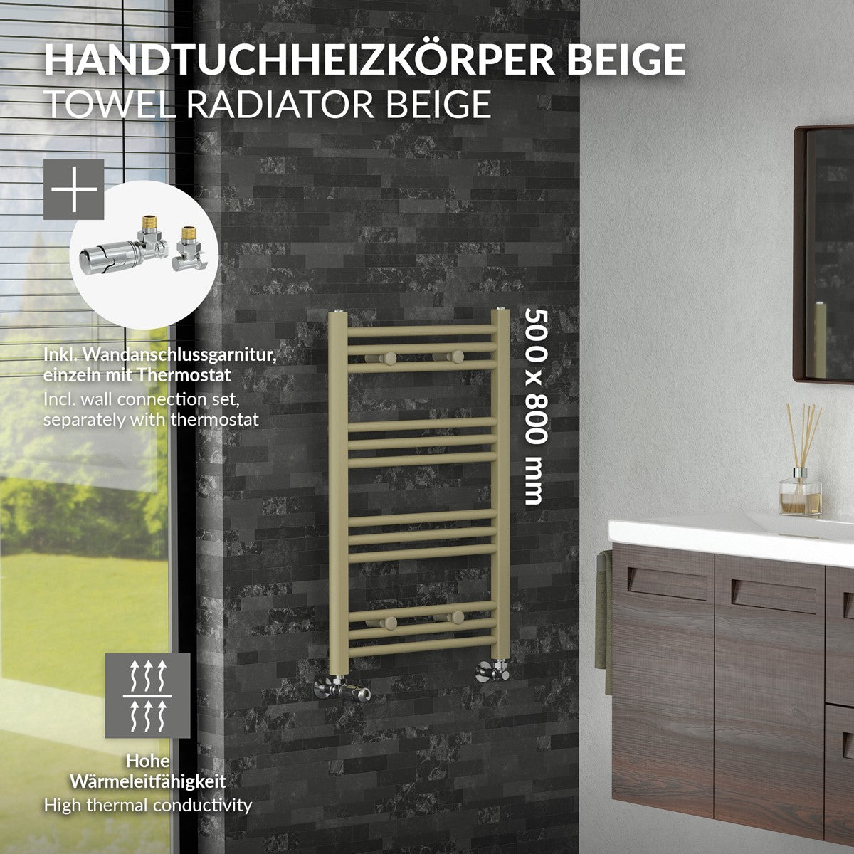 Beige Handtuchheizung in einem Badezimmer mit Holzschrank.