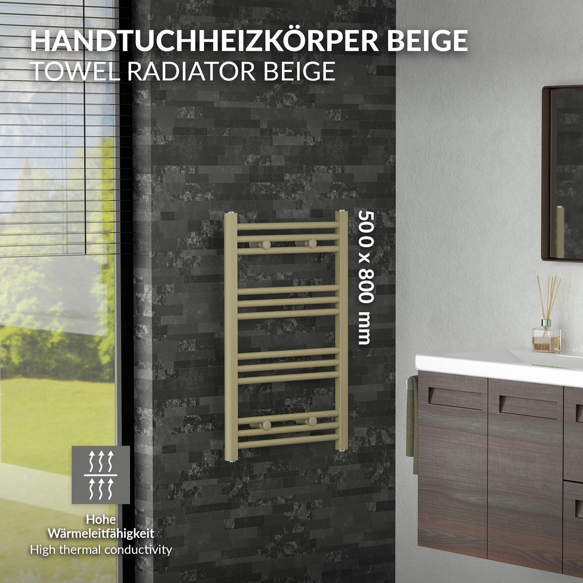 Beiger Handtuchheizkörper an einer Wand, Maße 500 x 800 mm.