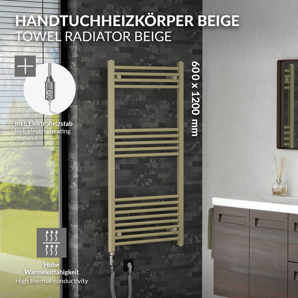 Beige Handtuchheizkörper mit technischen Details und Maßen.