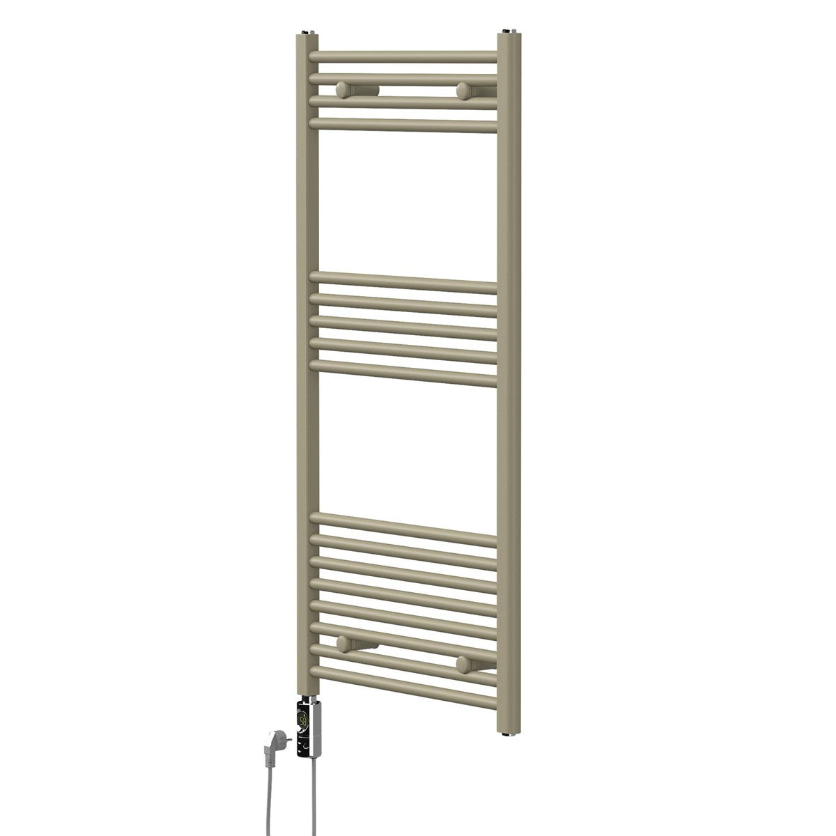 Beige Handtuchheizkörper an einer Wand mit elektrischem Anschluss.