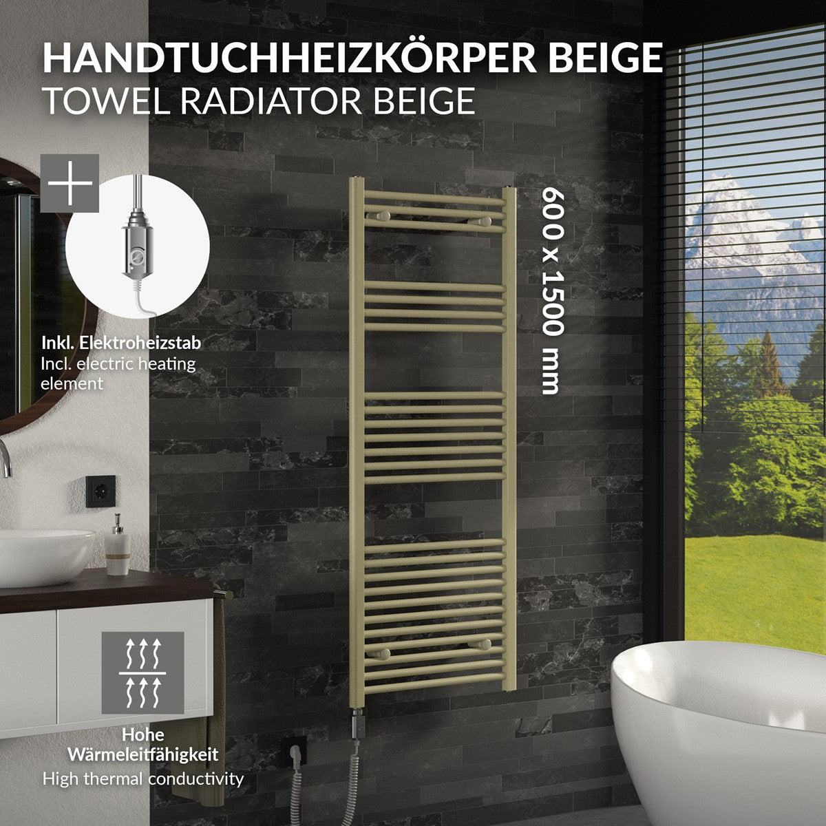Handtuchheizkörper in beige, montiert in einem Badezimmer.