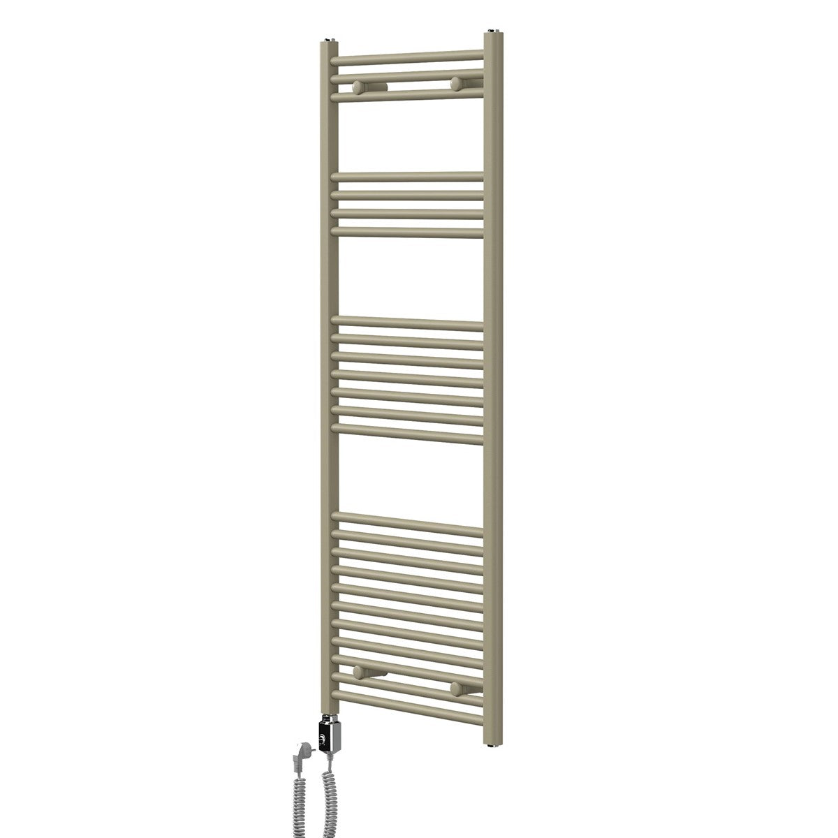 Beige Handtuchheizkörper an einer Wand mit grauen Fliesen.