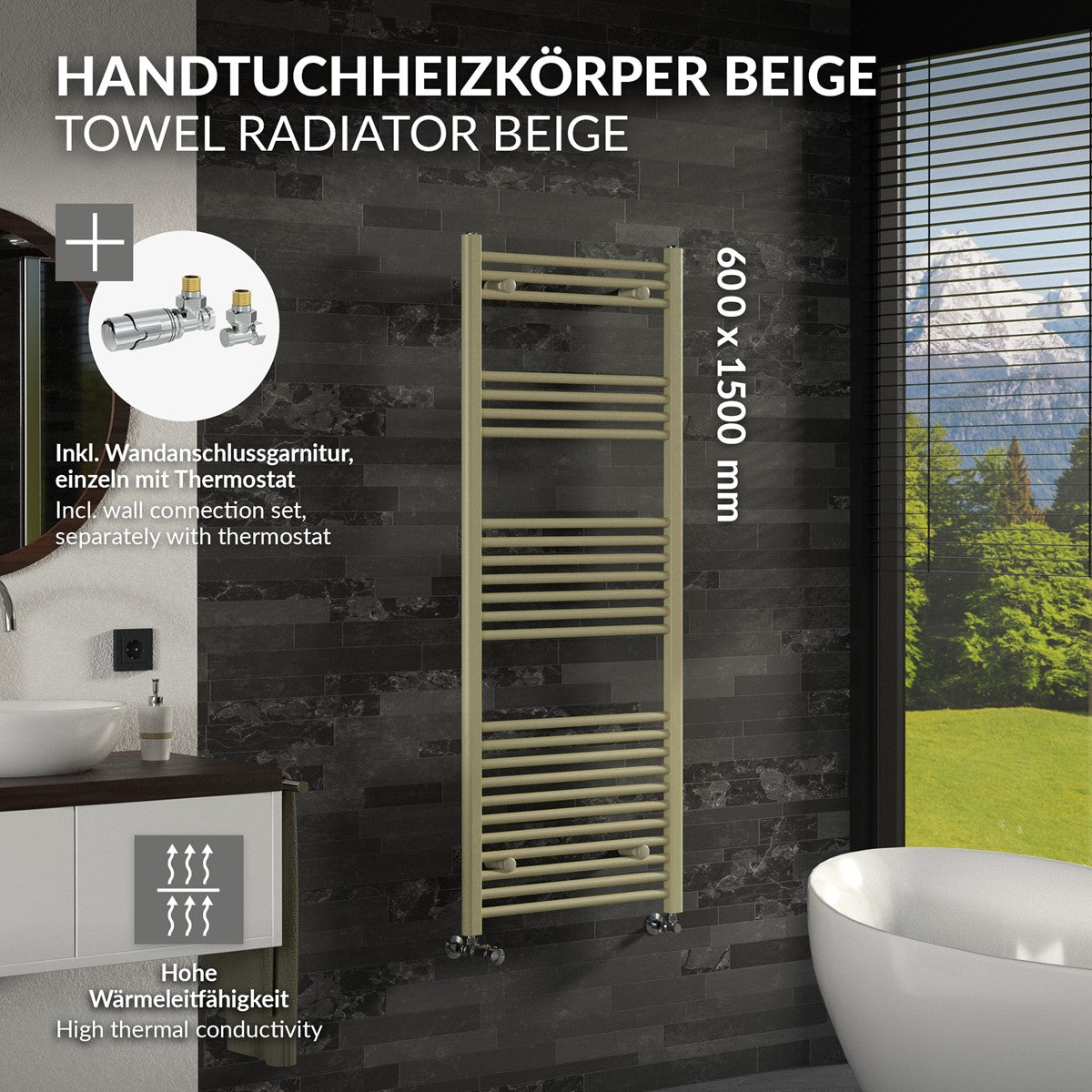 Beige Handtuchheizung in einem modernen Badezimmer mit Fenster.