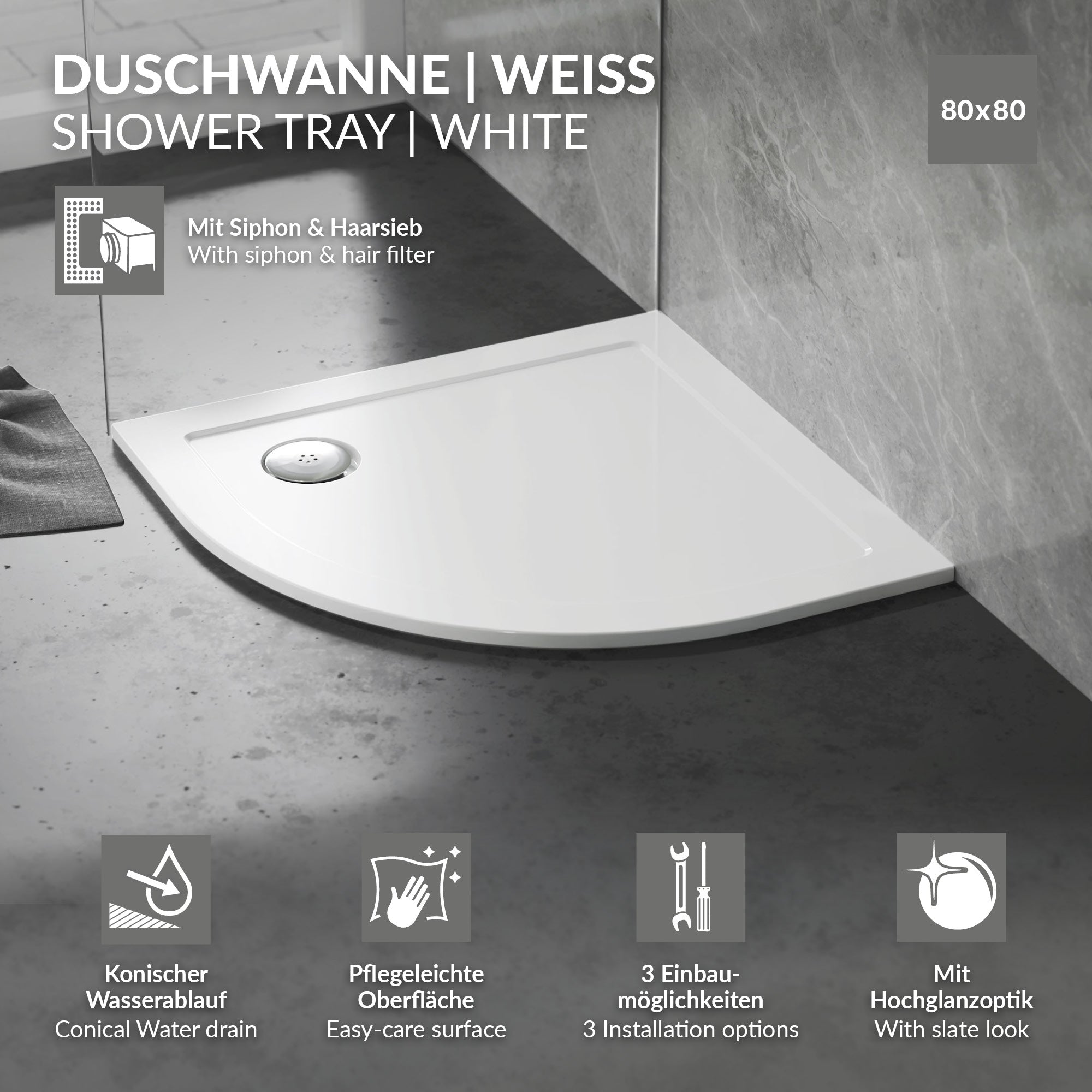 Weiße Duschwanne mit konischem Wasserablauf und pflegeleichter Oberfläche.
