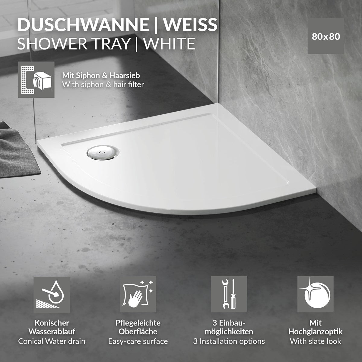 White shower tray with a conical water drain and an easy-care surface.