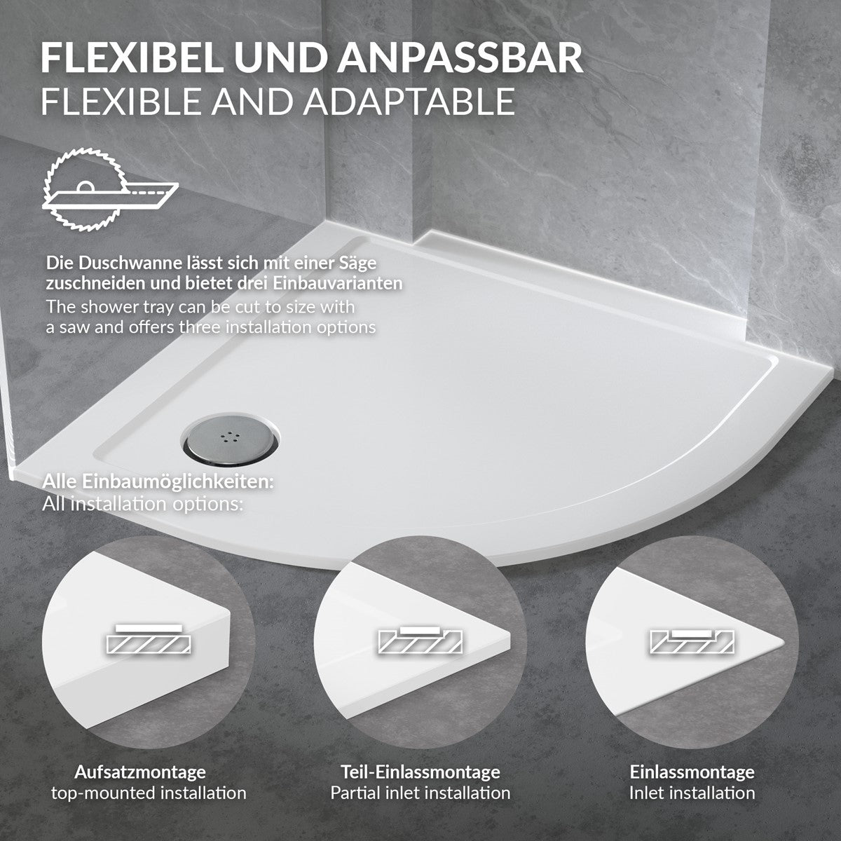 Shower tray with various installation options and a siphon.