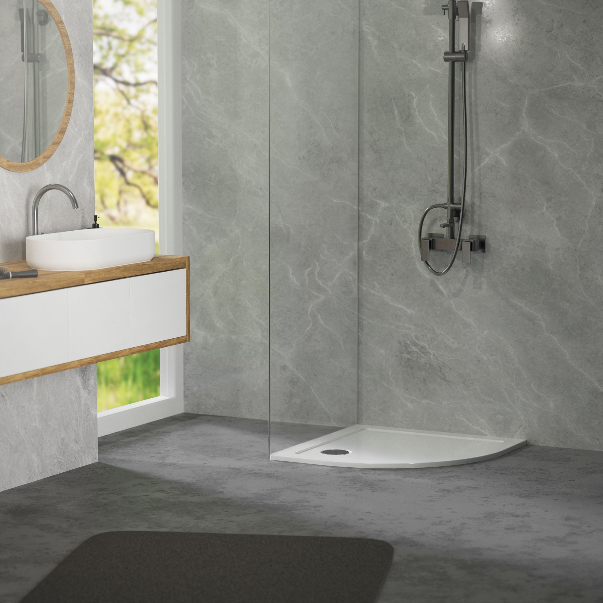 Modernes Badezimmer mit Dusche, Waschbecken und grauen Wänden.