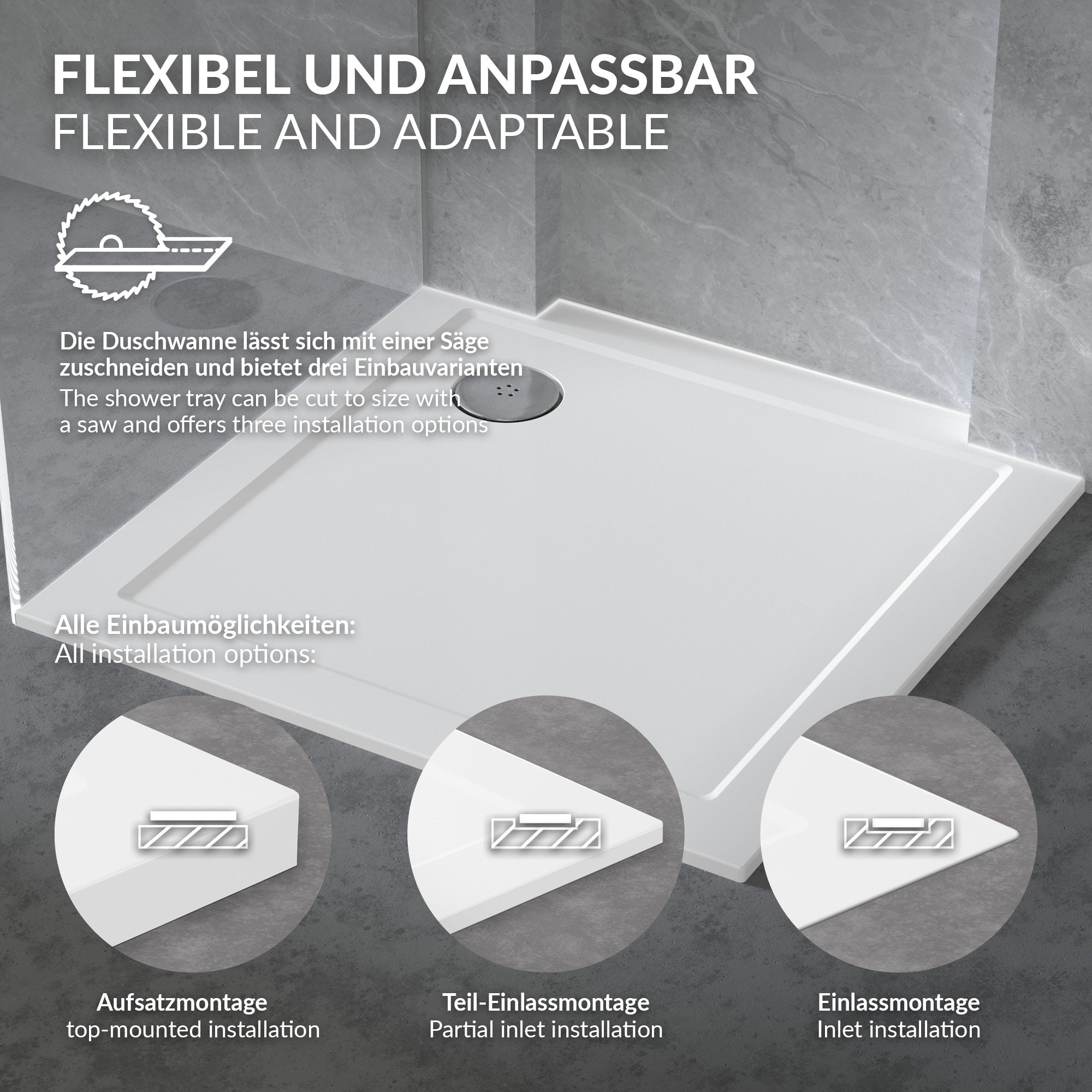 Duschwanne mit verschiedenen Einbaumöglichkeiten dargestellt.