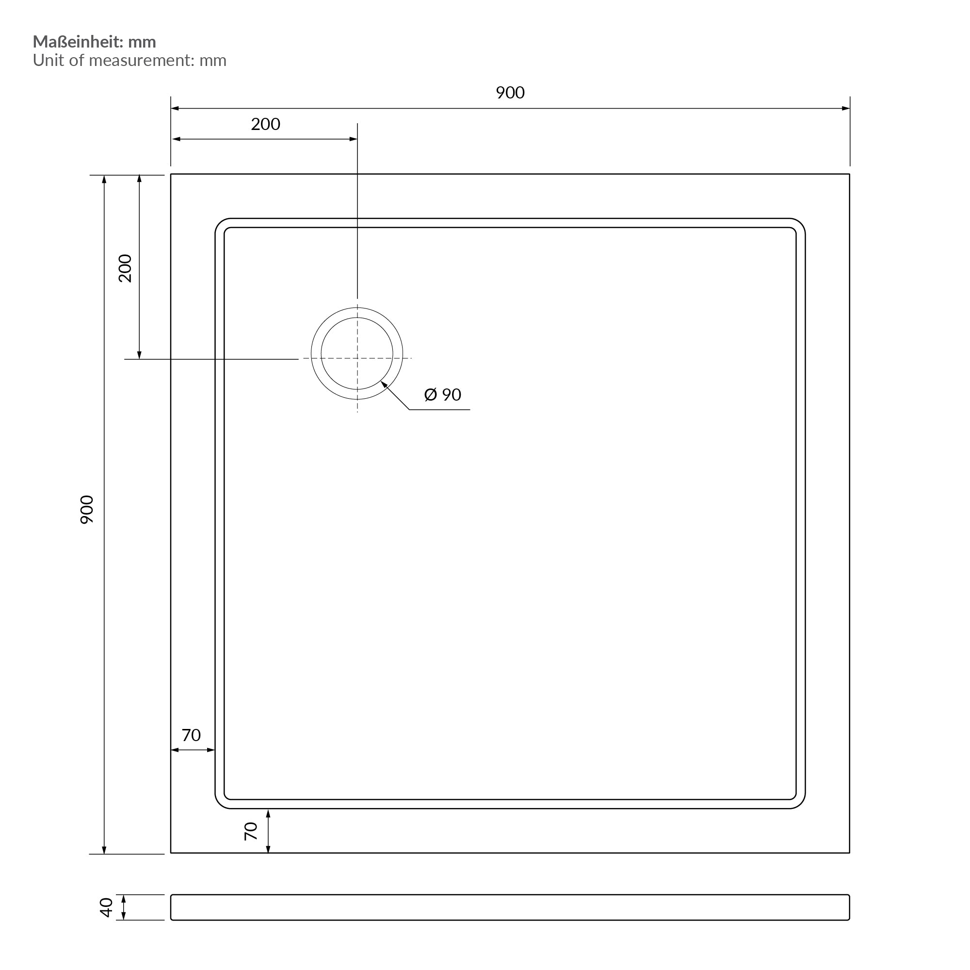 Technische Zeichnung einer Duschwanne mit Maßen in Millimetern.