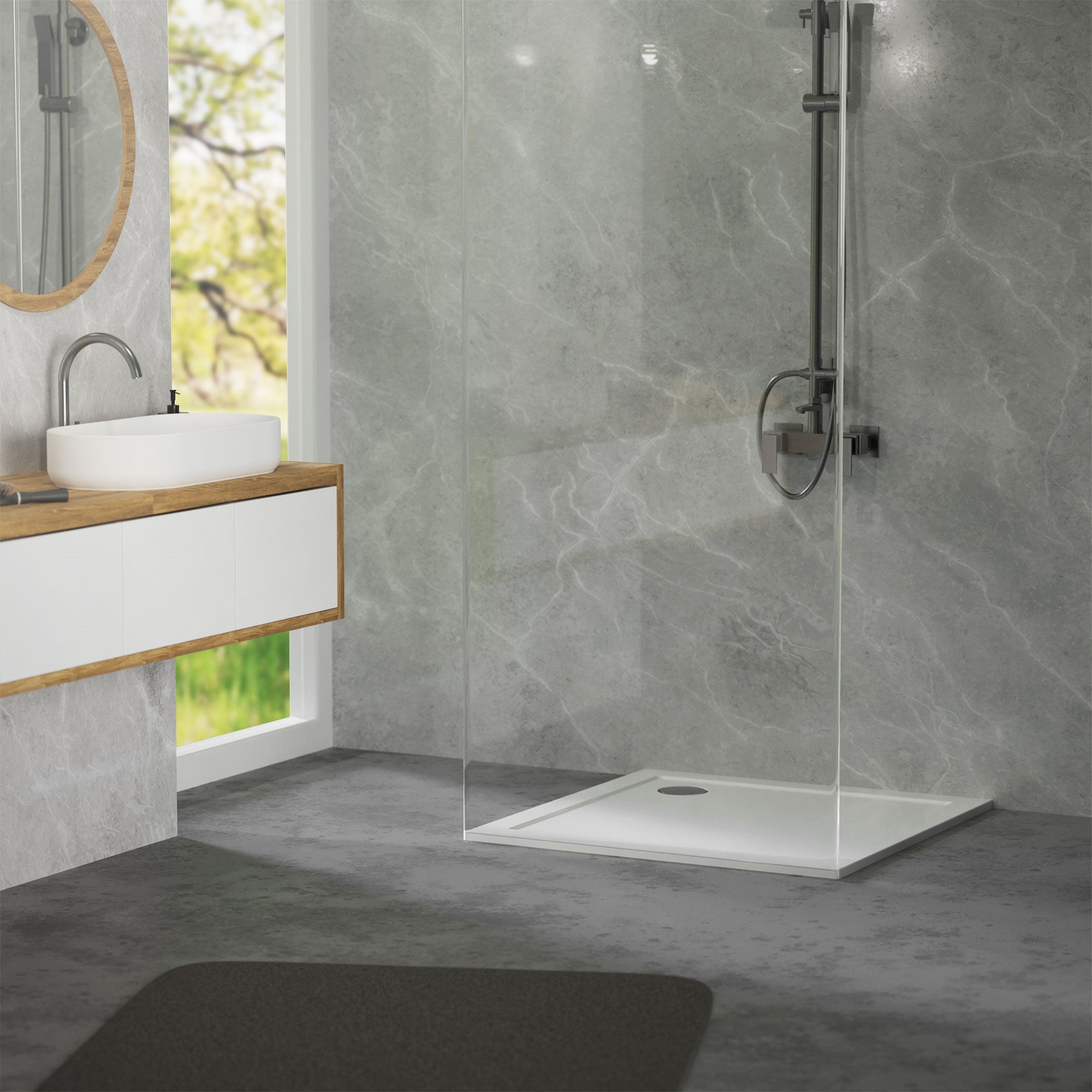 Moderne Dusche mit Duschwanne und Waschbecken in einem Badezimmer.