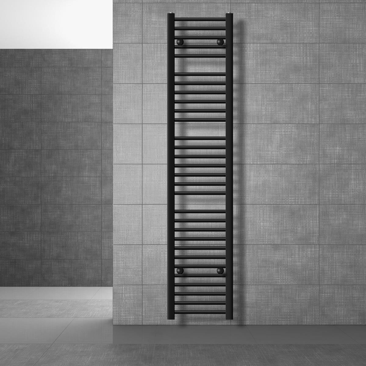 Black towel radiator on a gray wall.