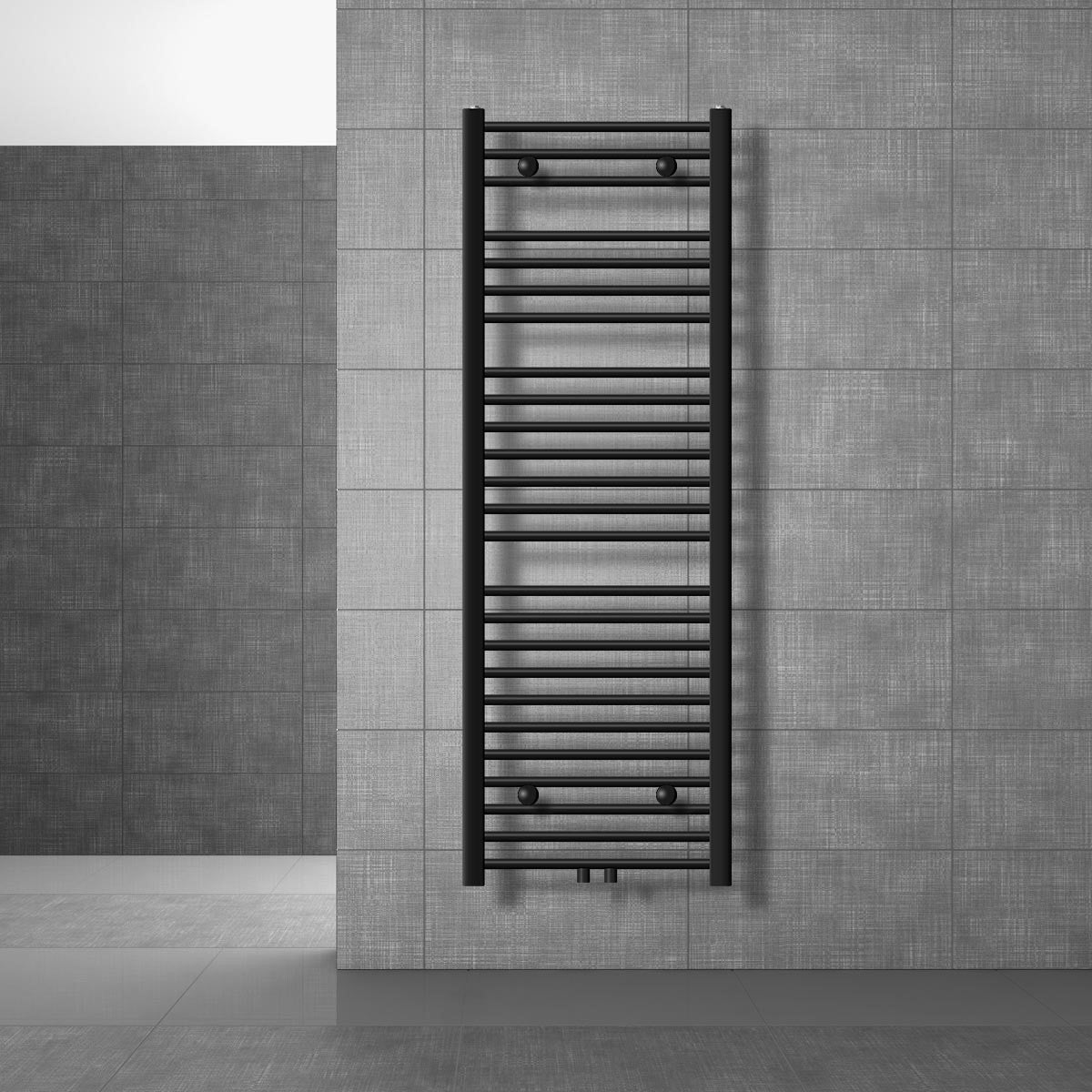 Black towel radiator on a gray wall.