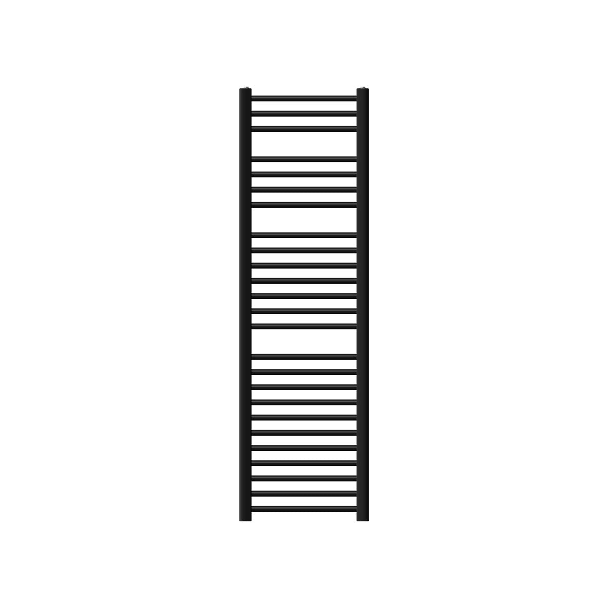 Schmaler schwarzer Handtuchheizkörper mit vielen horizontalen Streben.