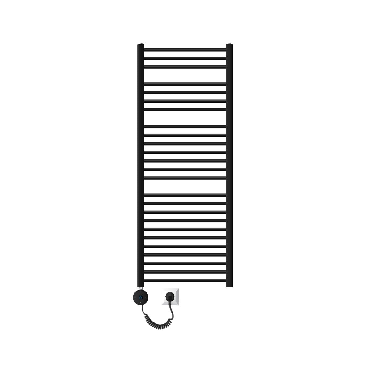 Radiador de toallas negro alto con muchas barras horizontales.