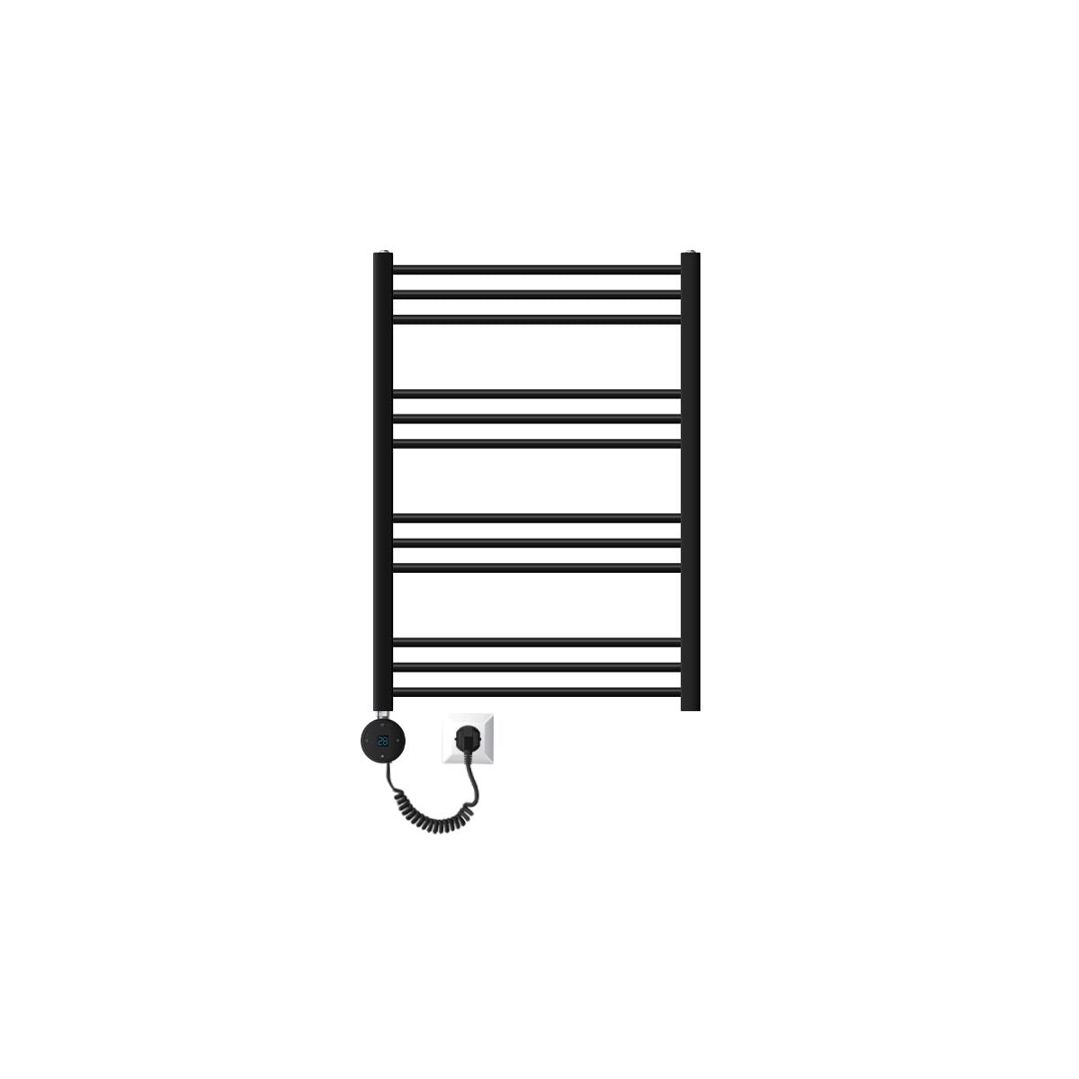 Black towel radiator with several horizontal bars.