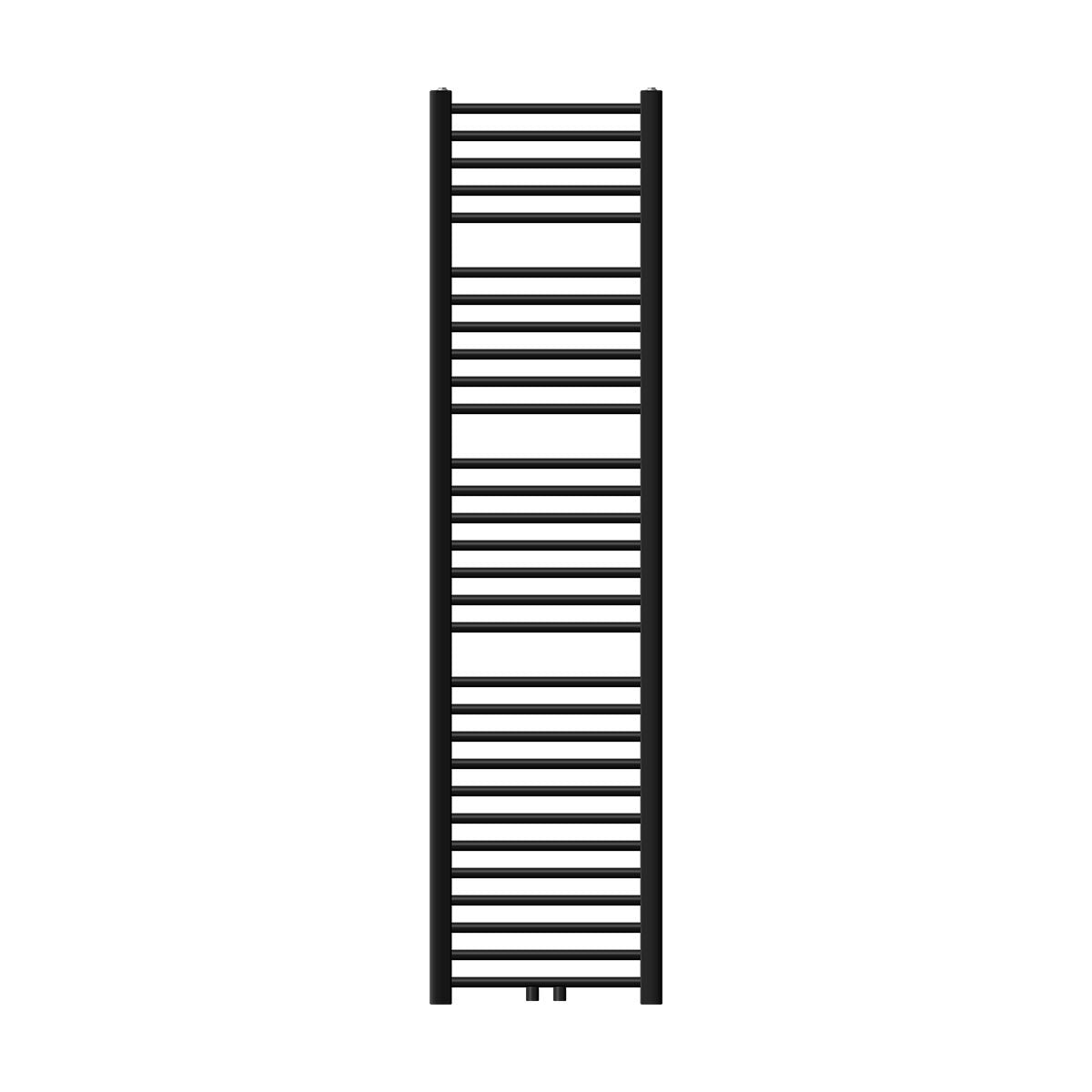 Sort radiator i mellemstørrelse, placeret lodret.