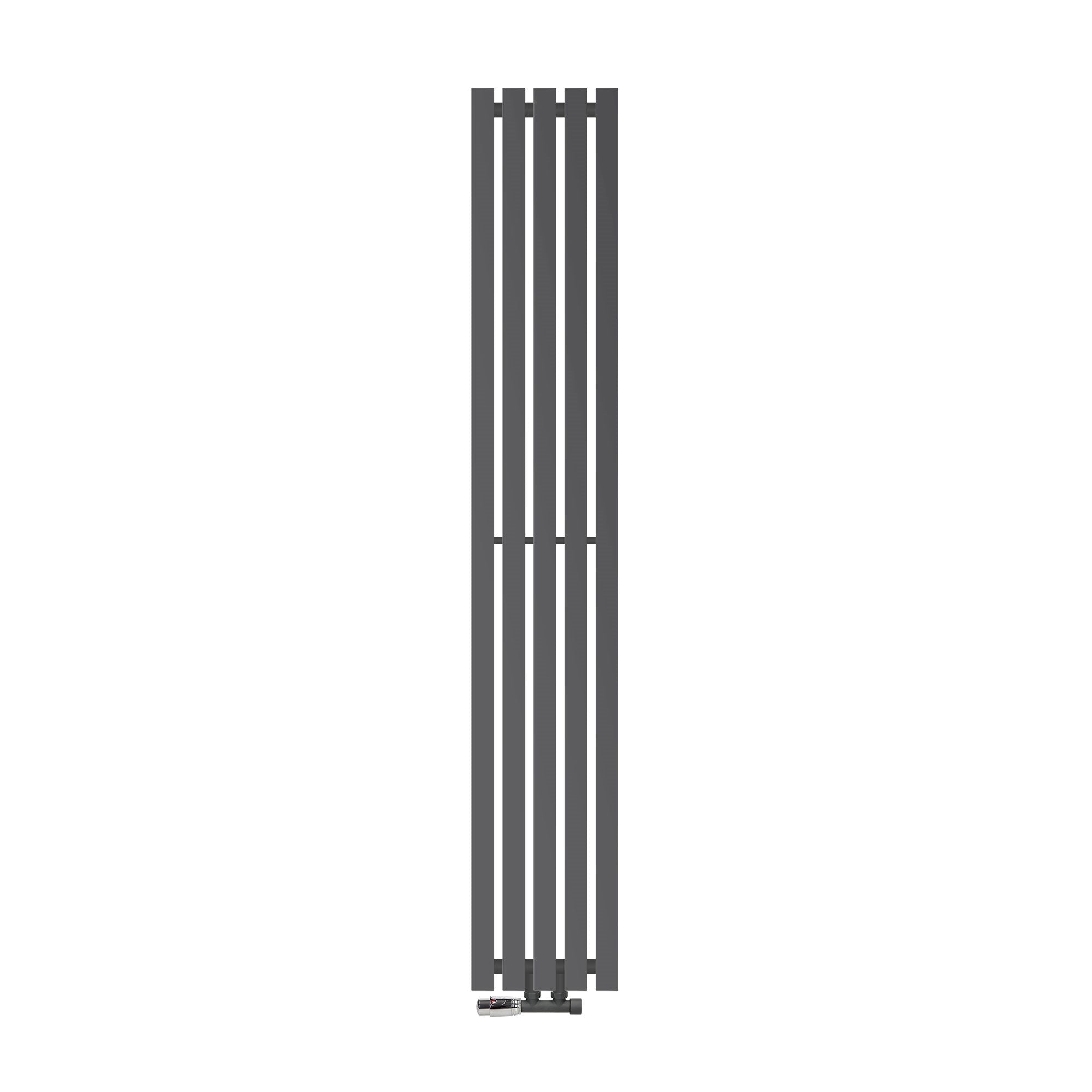 Anthracite radiator with vertical fins on a gray background.