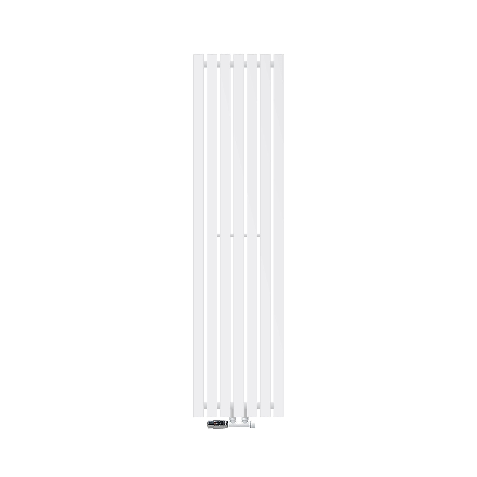 White vertical radiator without background, with visible heating fins.