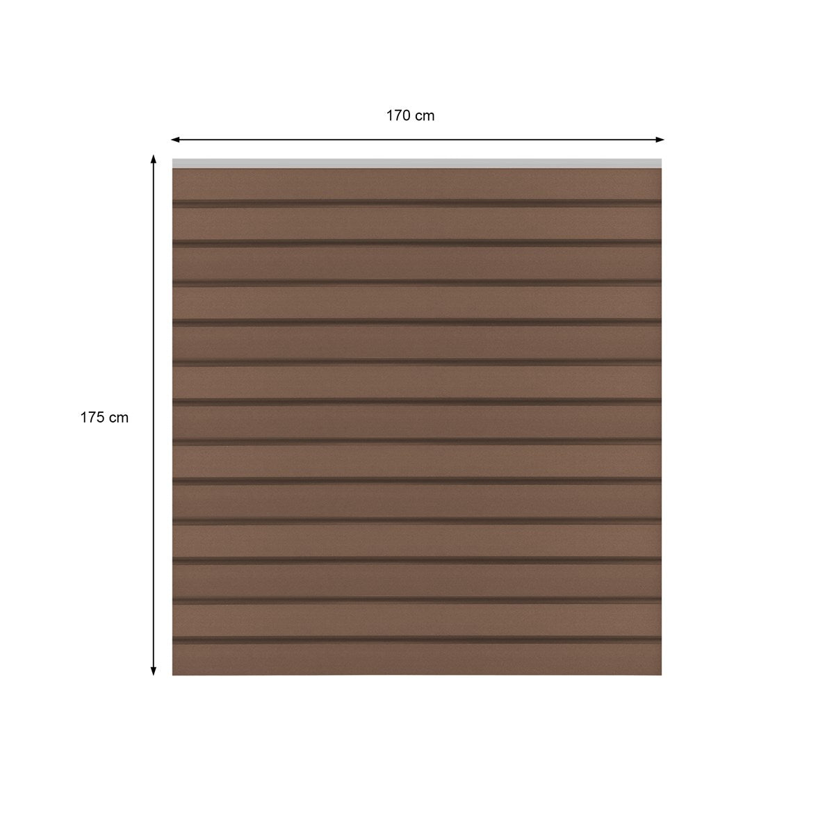 Een bruin paneel met horizontale groeven; de afmetingen zijn aangegeven.