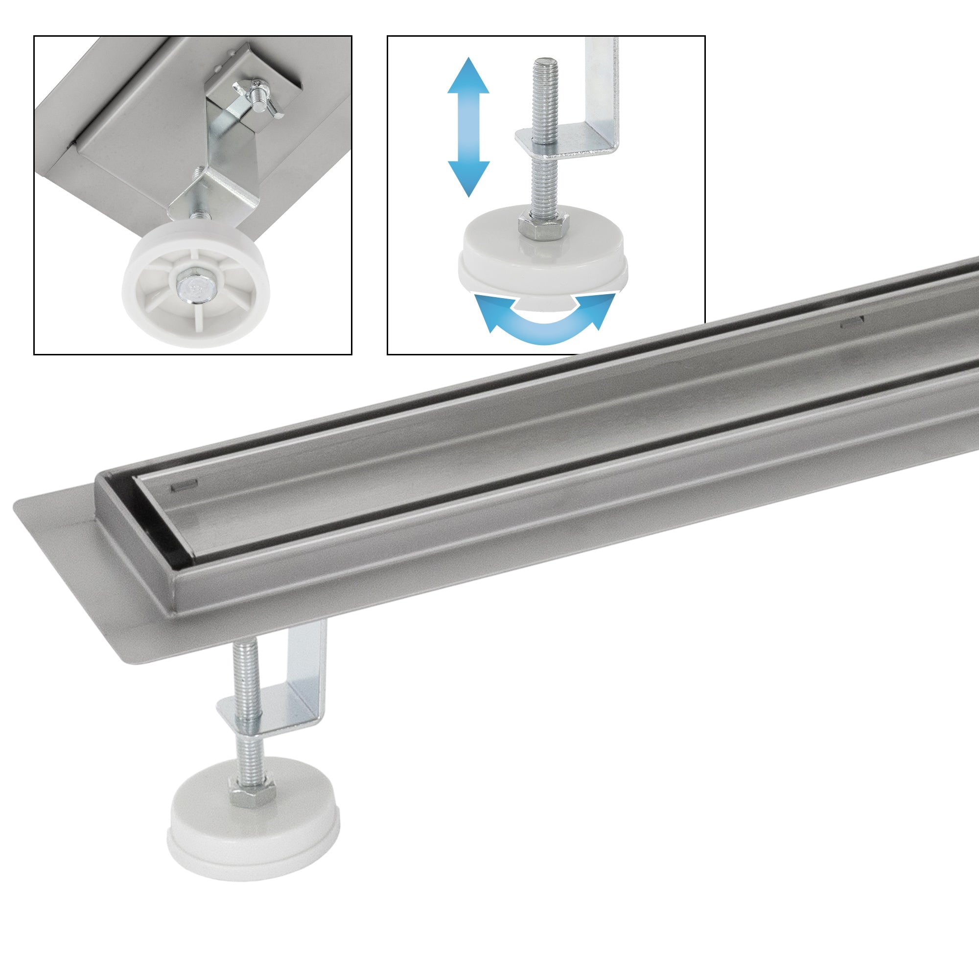 Detailaufnahme eines Abflusses mit verstellbaren Füßen und Schrauben.