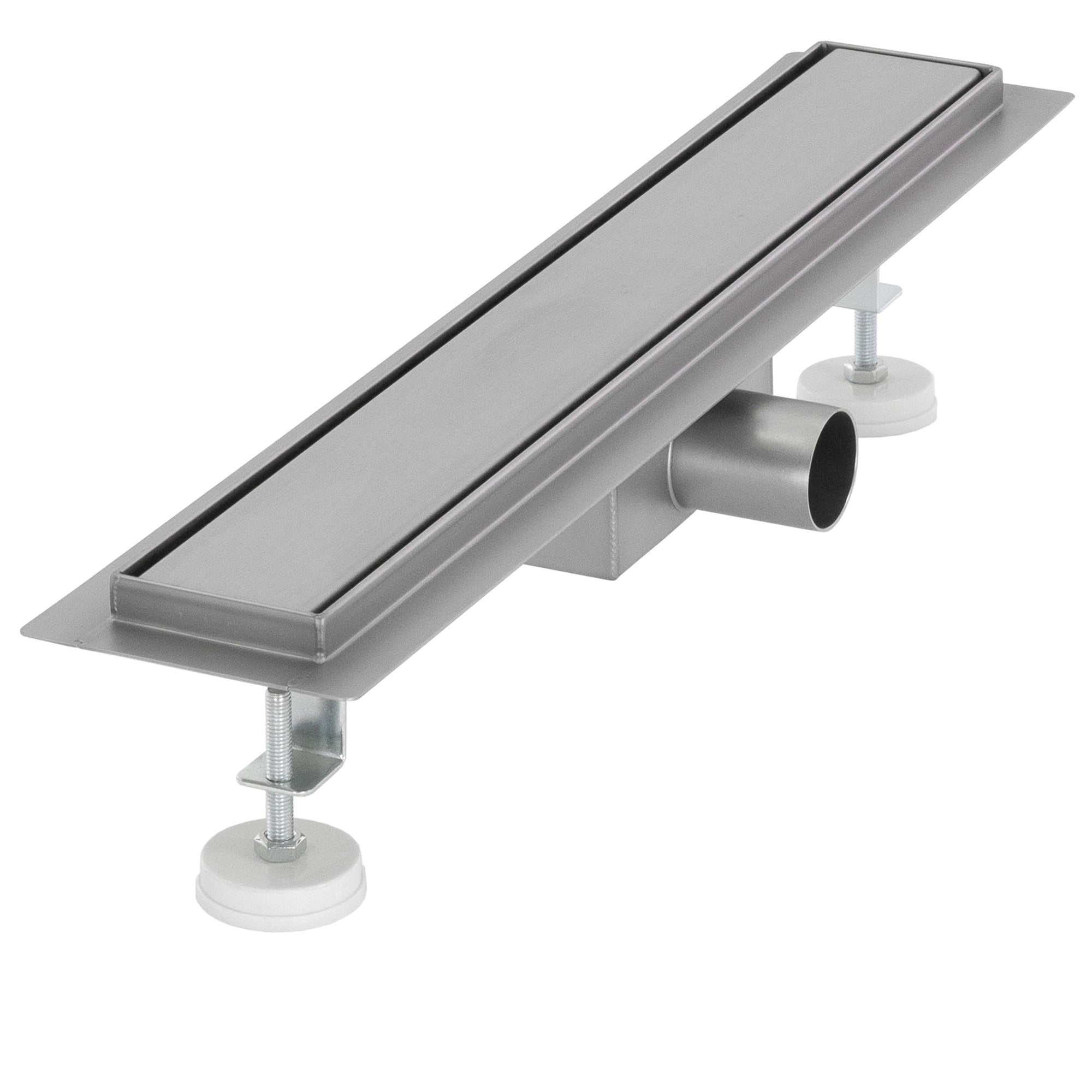 Shower channel made of stainless steel with two brackets and a side outlet.