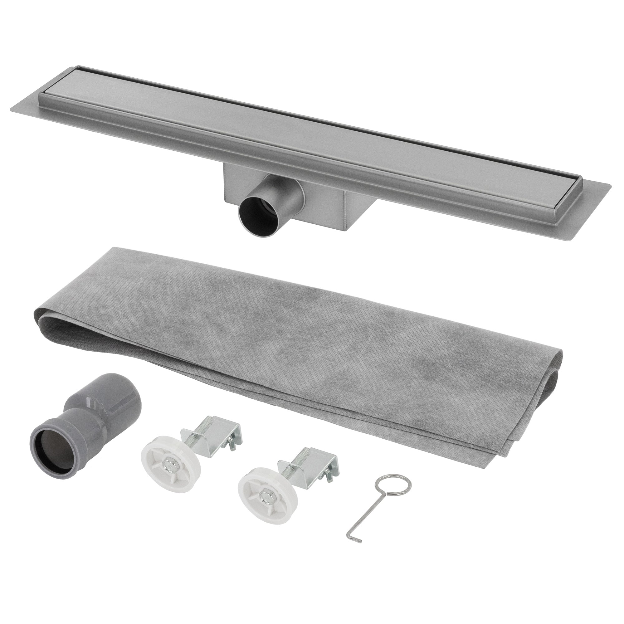 Floor drain with gray mat, two brackets, and a connecting element.