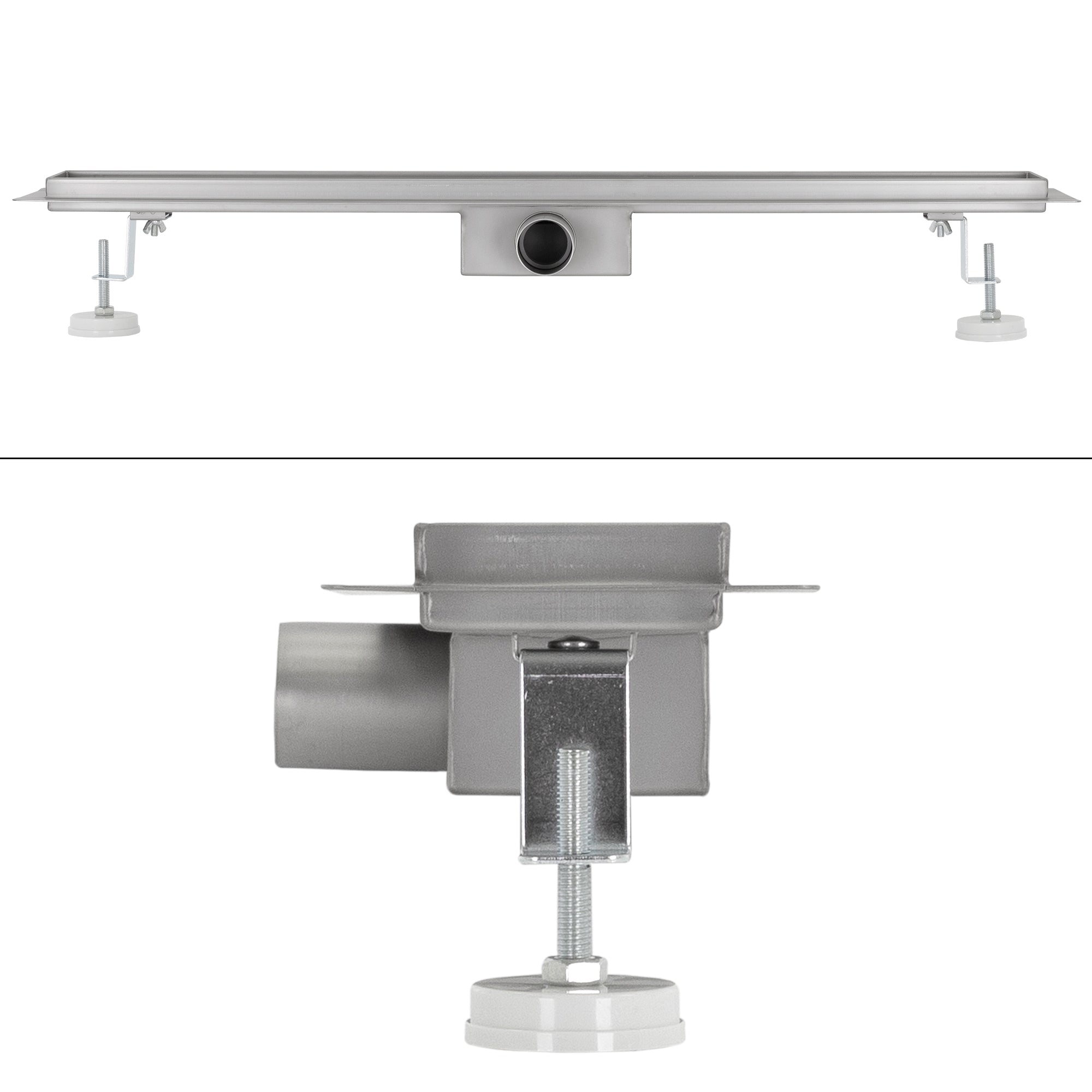 Metal profile with connector piece and two adjustable feet.