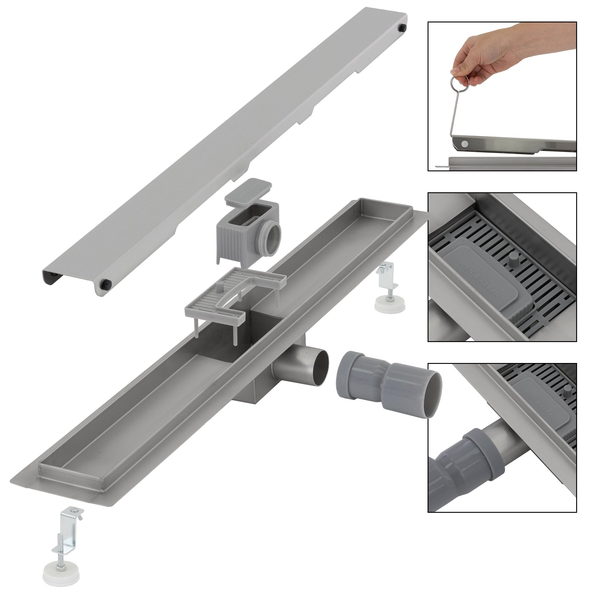 Shower drain with various components and assembly instructions.