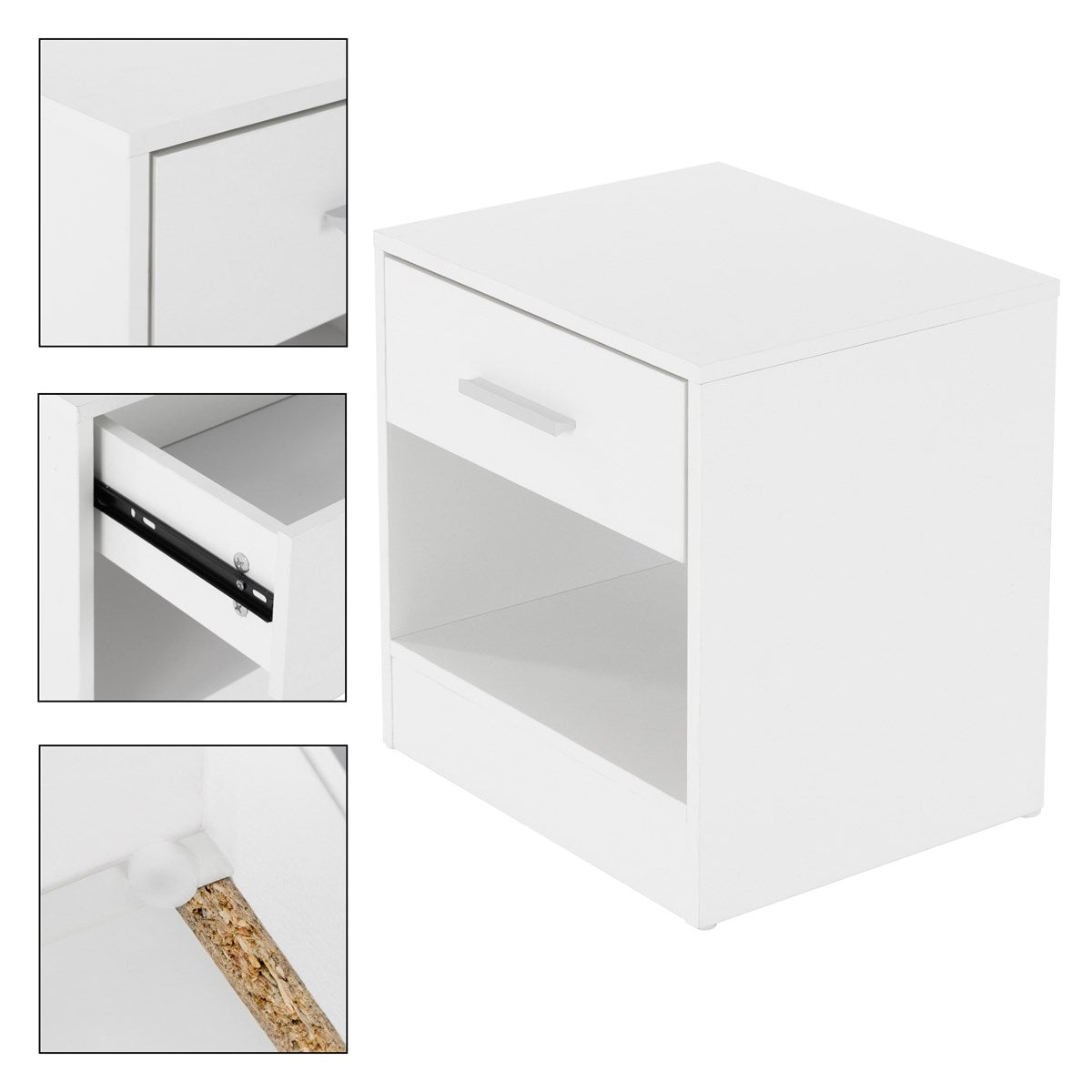 Comodino bianco con un cassetto e un vano aperto.