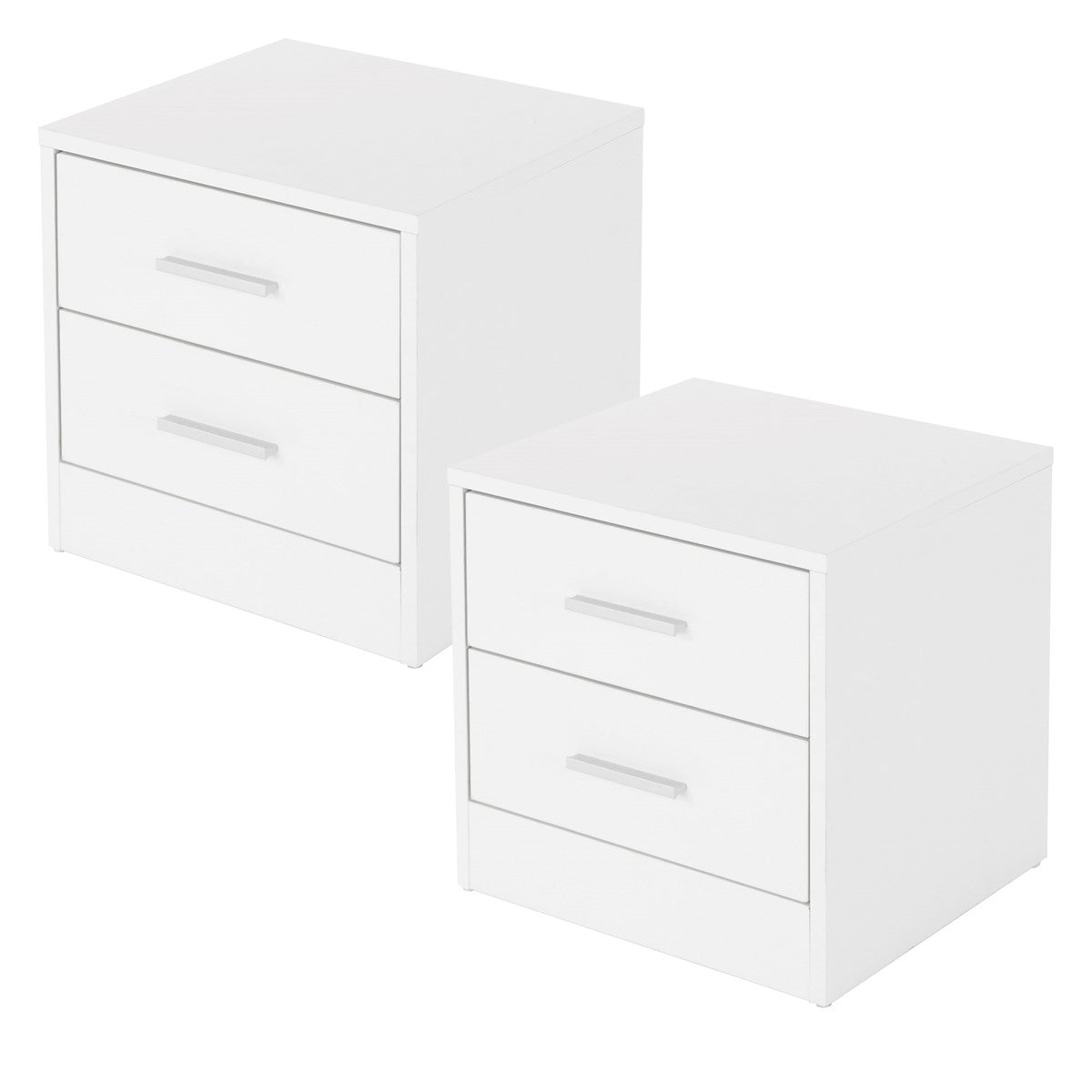 Two white bedside tables with two drawers and handles.