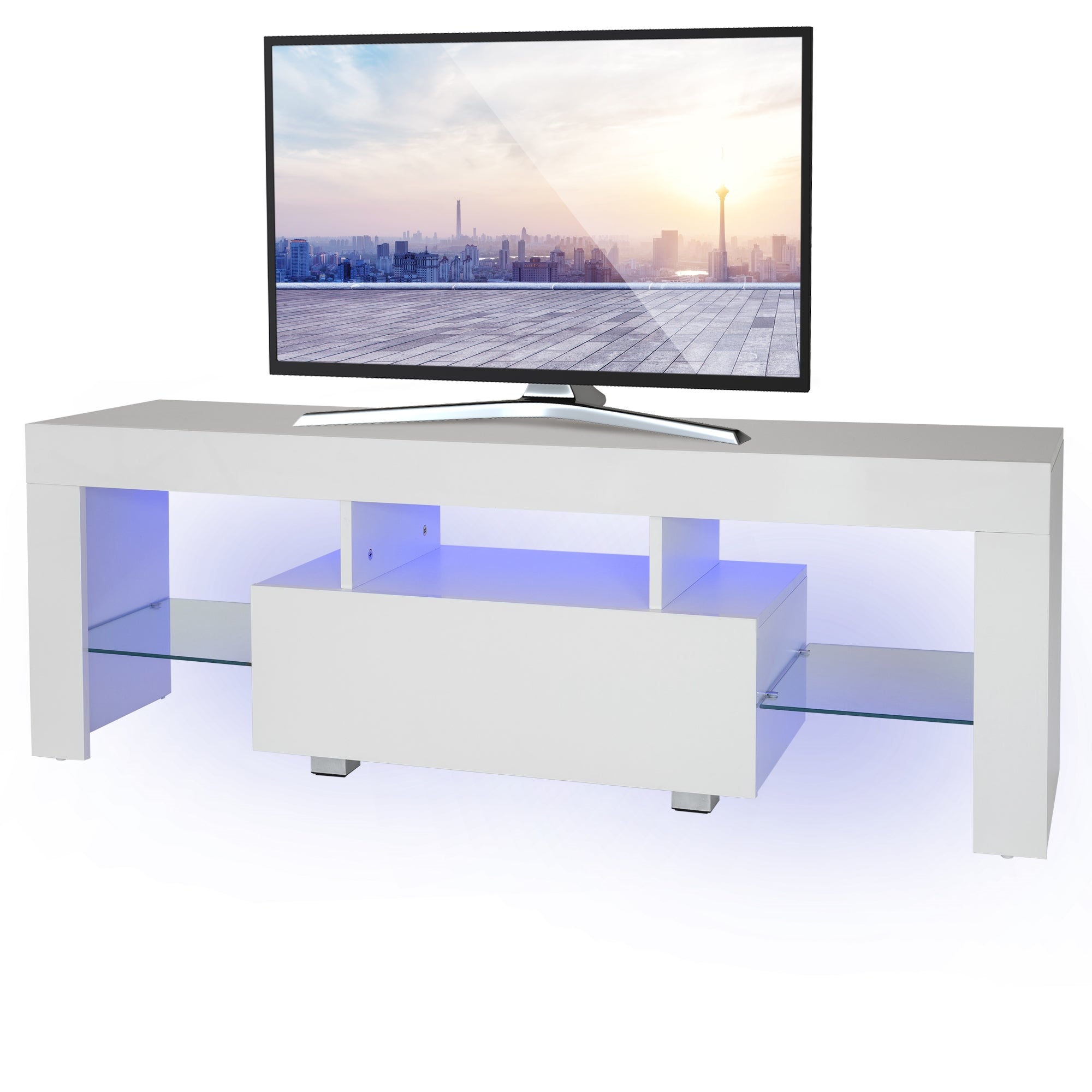 Meuble TV blanc avec un téléviseur et des étagères en verre.