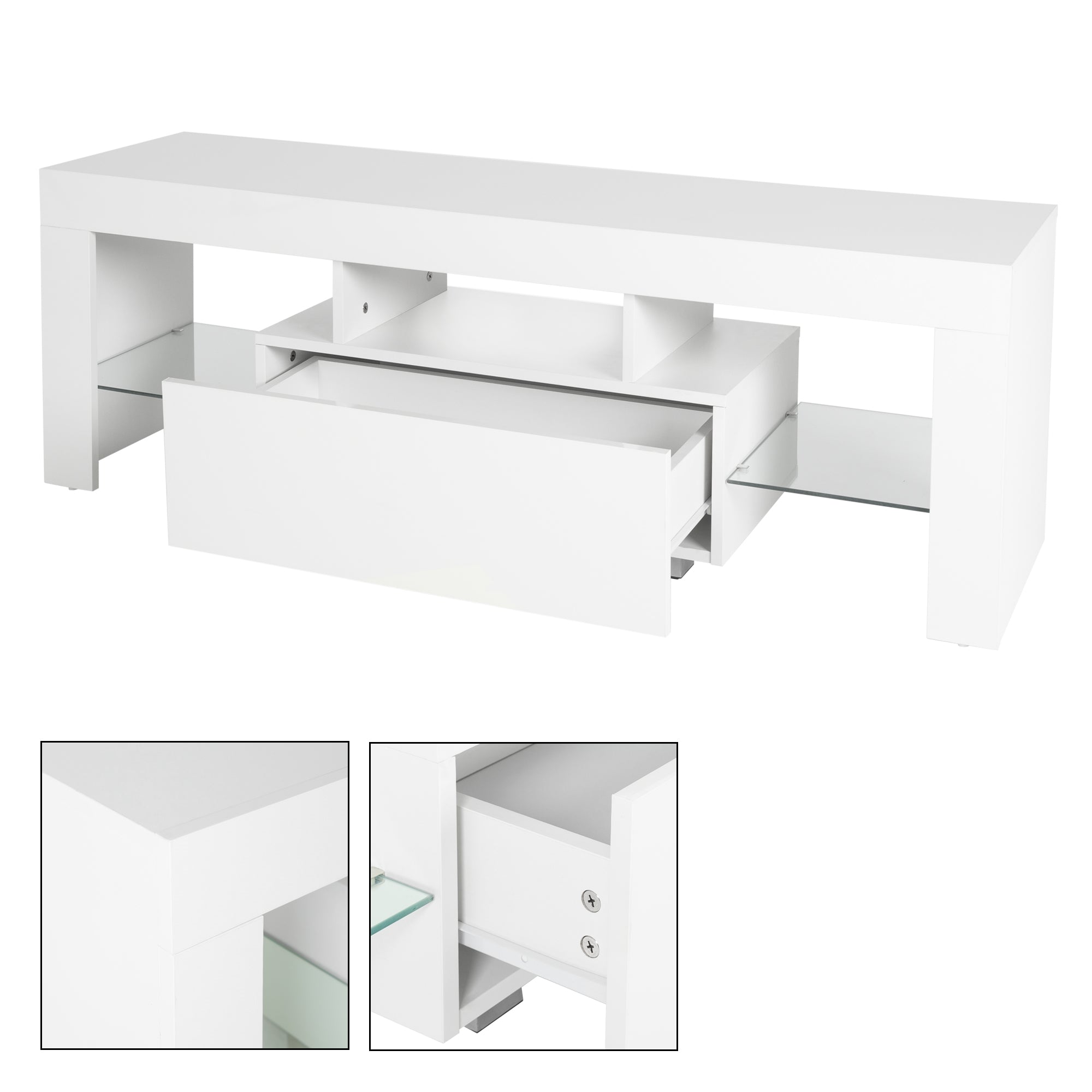 Gros plan d'un meuble TV blanc avec tiroir et compartiments ouverts.