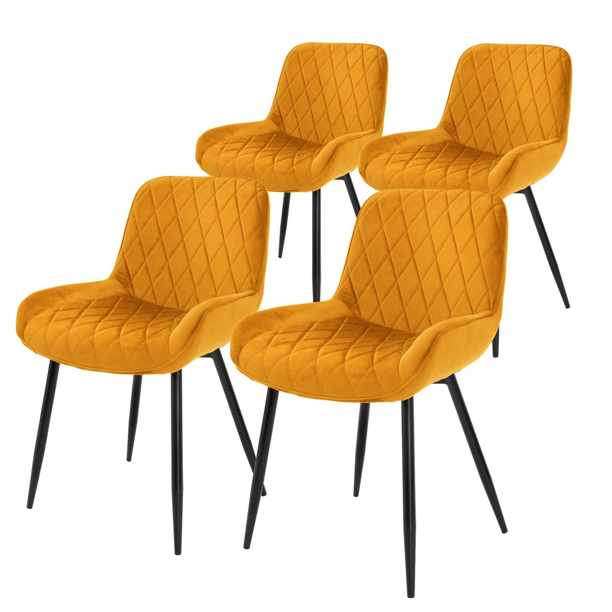 Four yellow chairs with diamond-pattern upholstery on black legs.