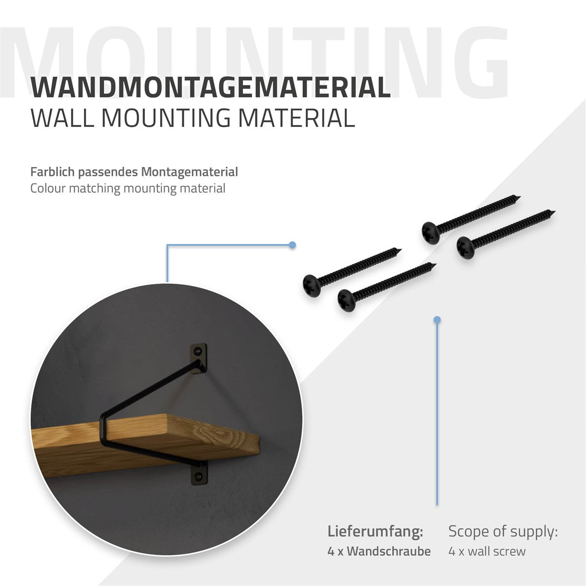 Wandmontagematerial mit Schrauben für Regalhalter, Anleitung zur Montage.
