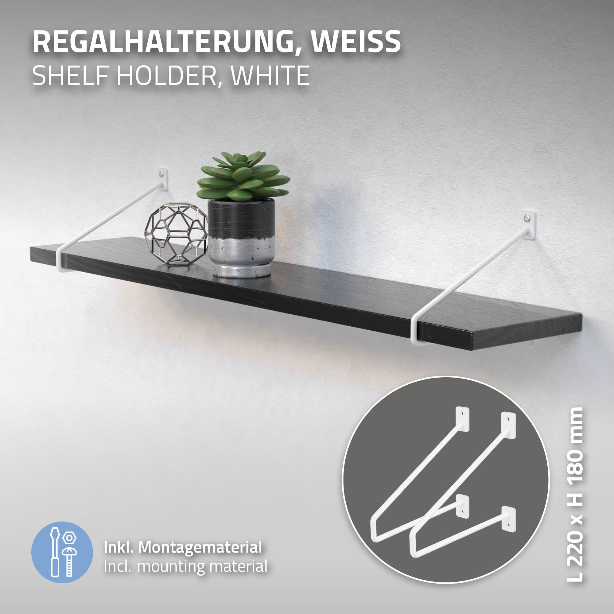 Weiße Regalhalterung mit Pflanzen auf einem Regal.