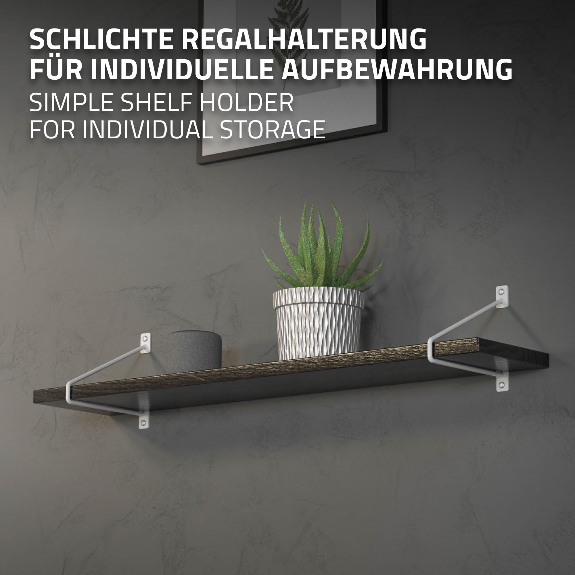 Rekhouder met een plant en een pot op een plank.