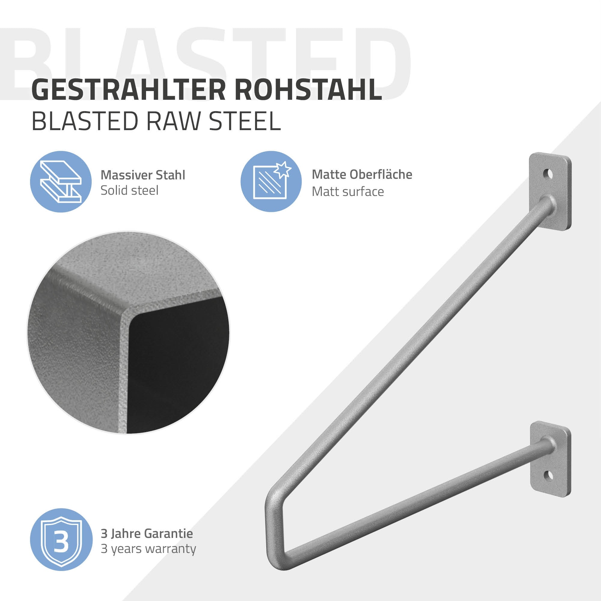 Metallregalhalter aus massivem Stahl mit matte Oberfläche.