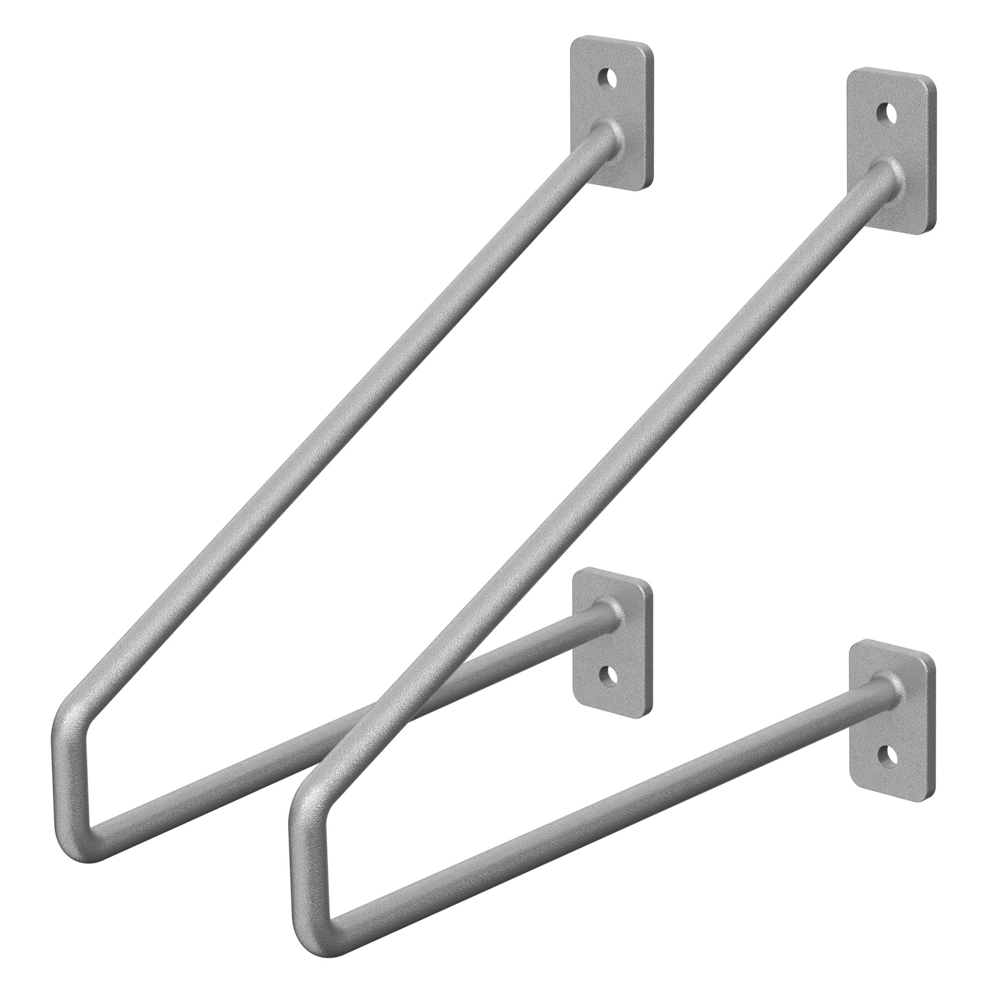 Zwei Regalhalter in grauer Farbe, montiert an einer Wand.