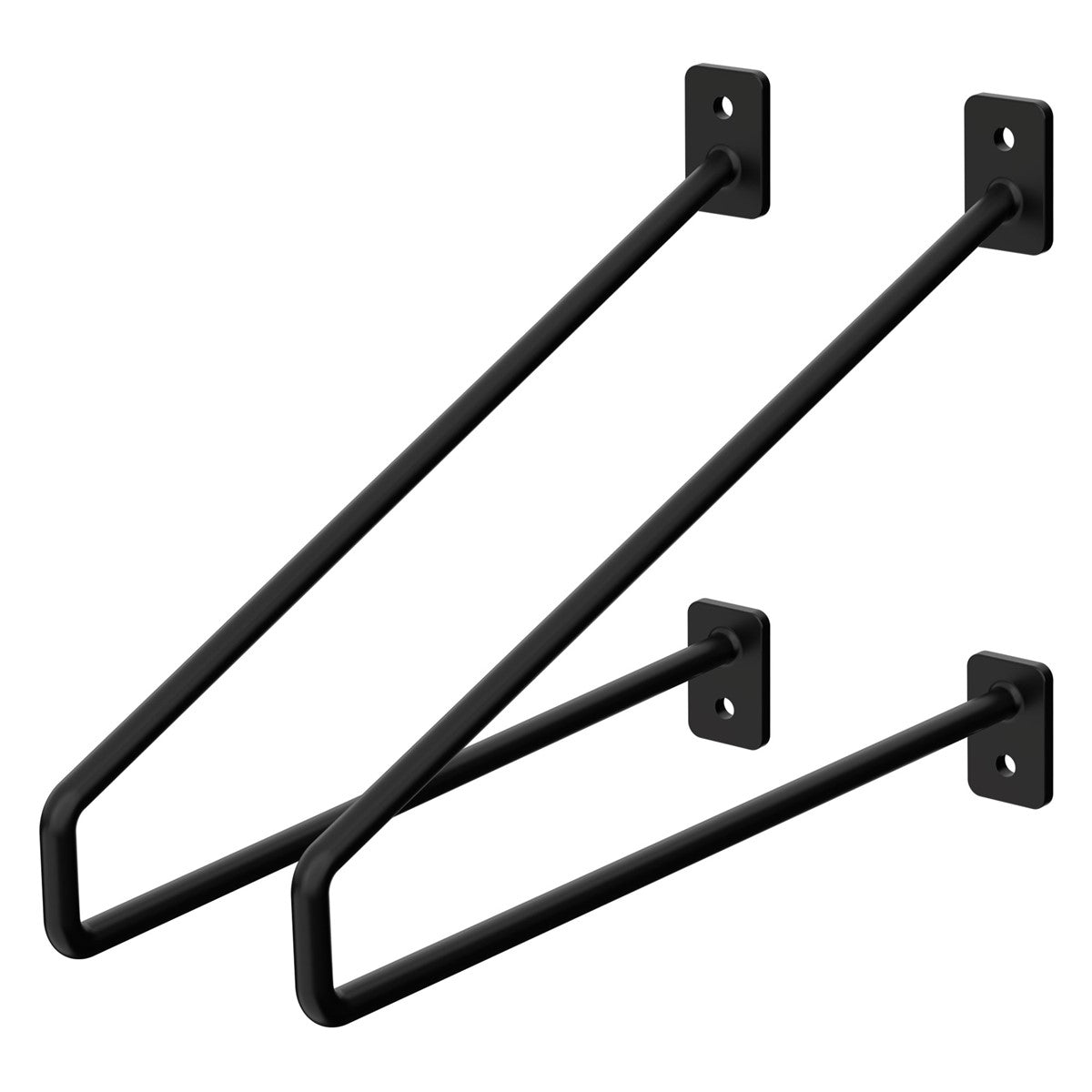 Two black metal wall brackets arranged at an angle.