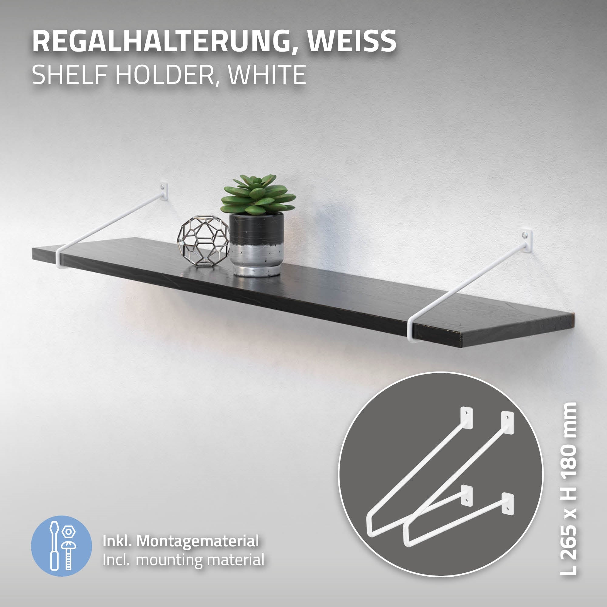 Weiße Regalhalterung mit Pflanze, auf schwarzem Regal, Maße angegeben.