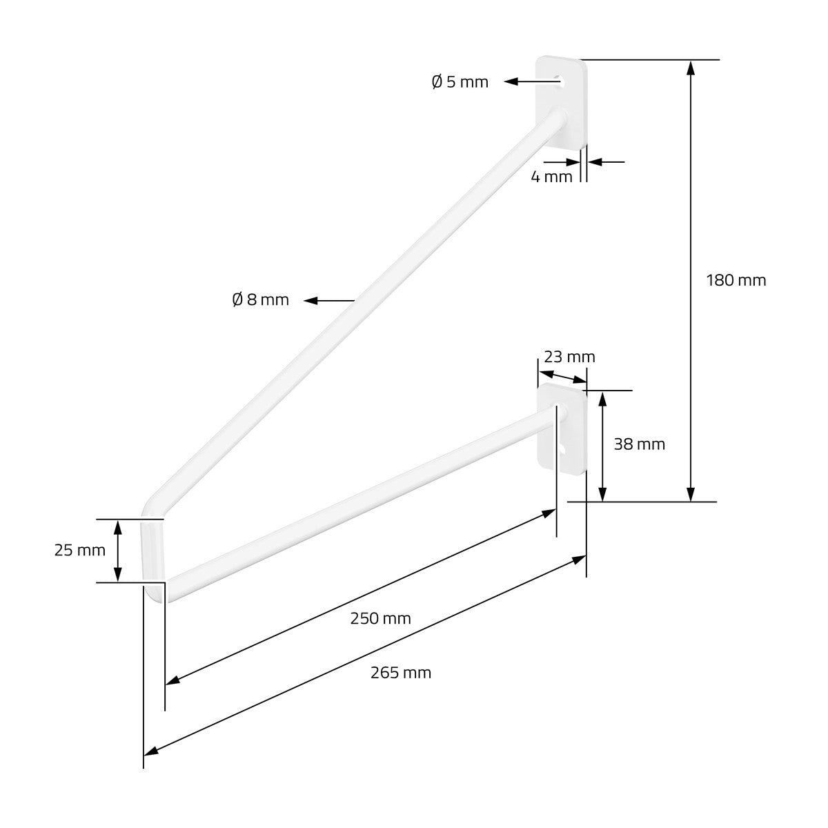 Disegno tecnico del supporto per mensola con dimensioni e fori.