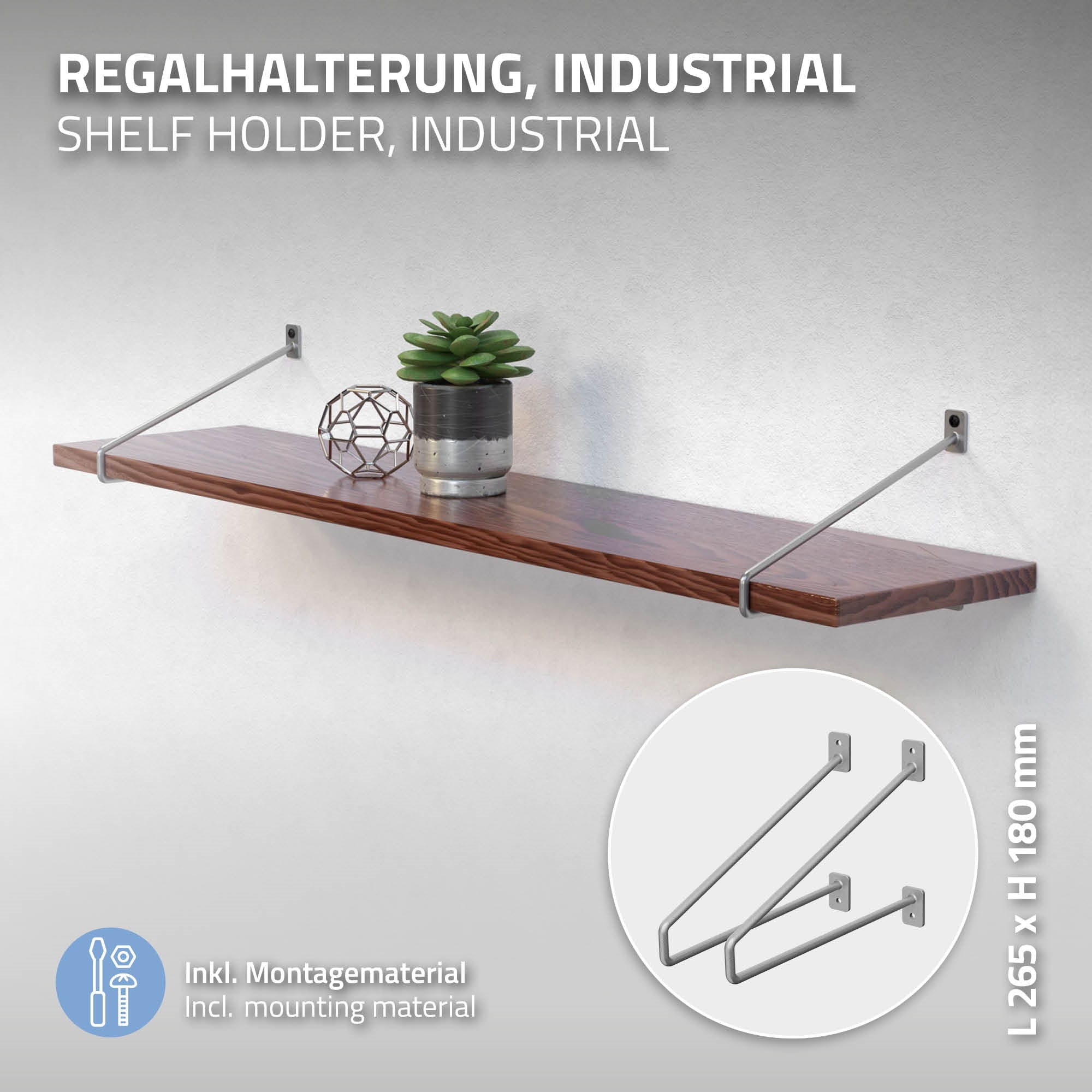 Grafik mit industriellen Regalhaltern, Maße und Montagehinweise.