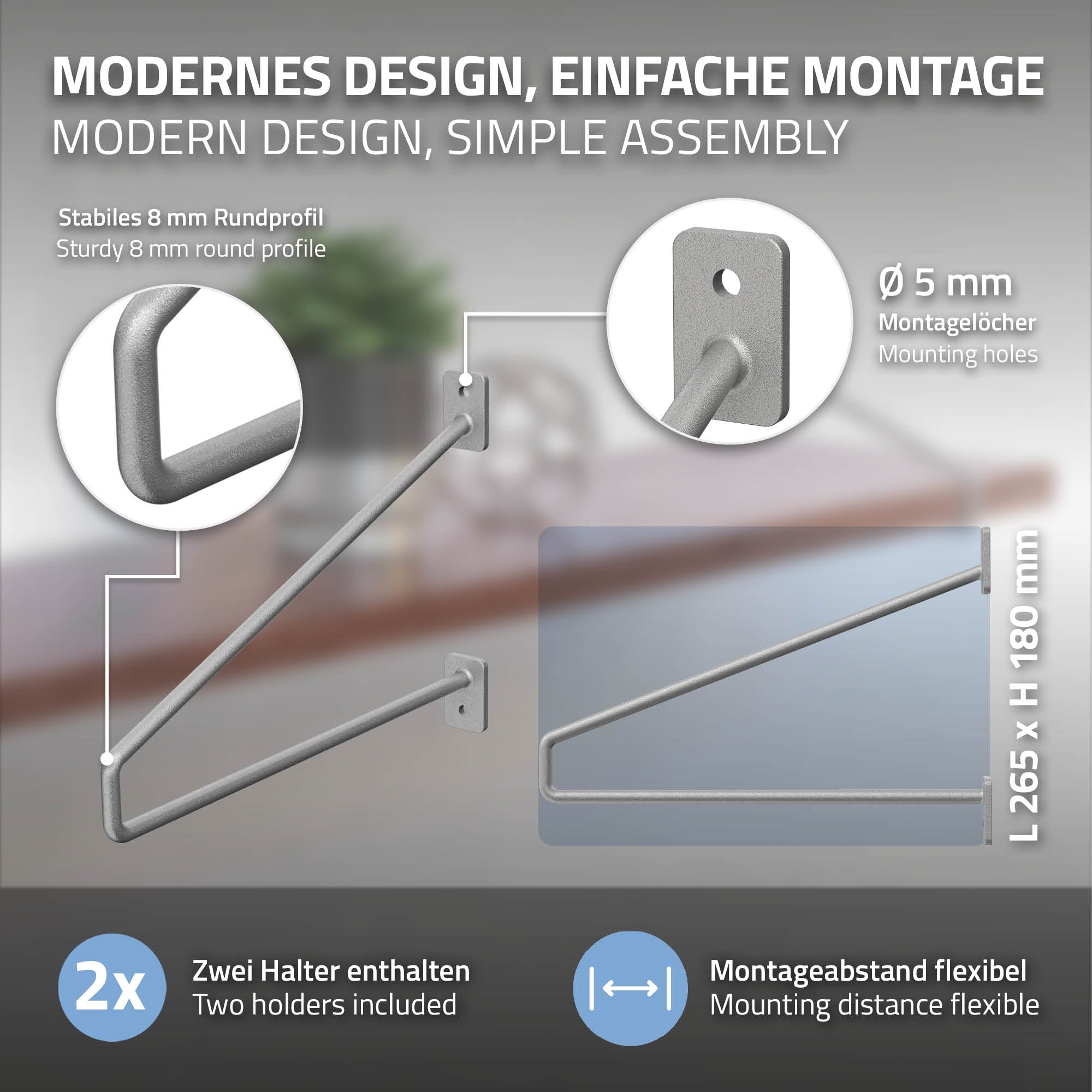 Grafik med monteringsvejledning til hyldebeslag, mål og detaljer.