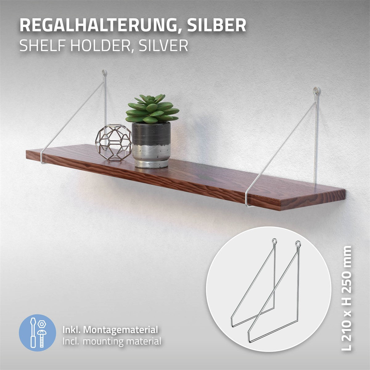 Support d’étagère argenté avec une plante et une décoration sur une étagère.